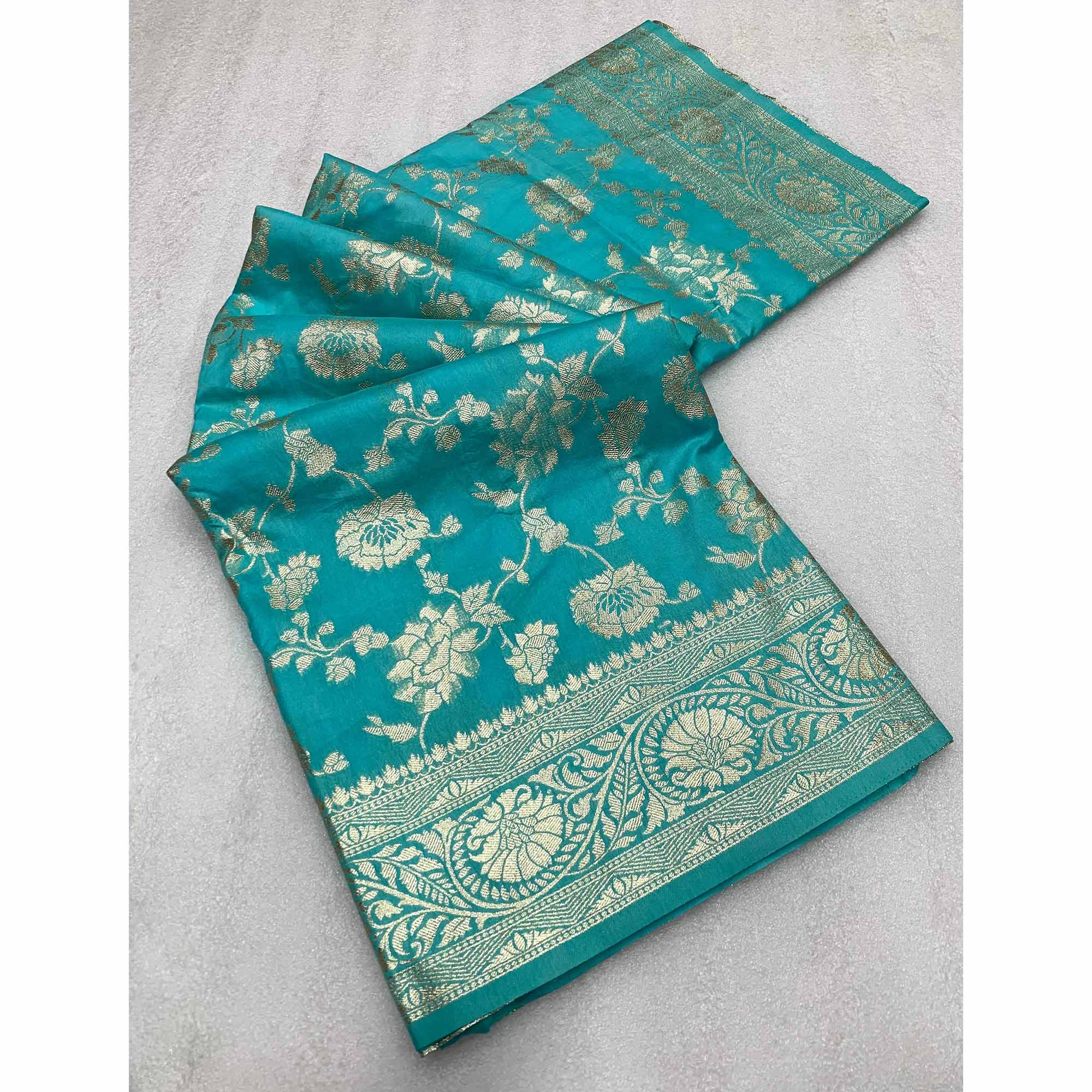 Turquoise Zari Woven Dola Silk Saree