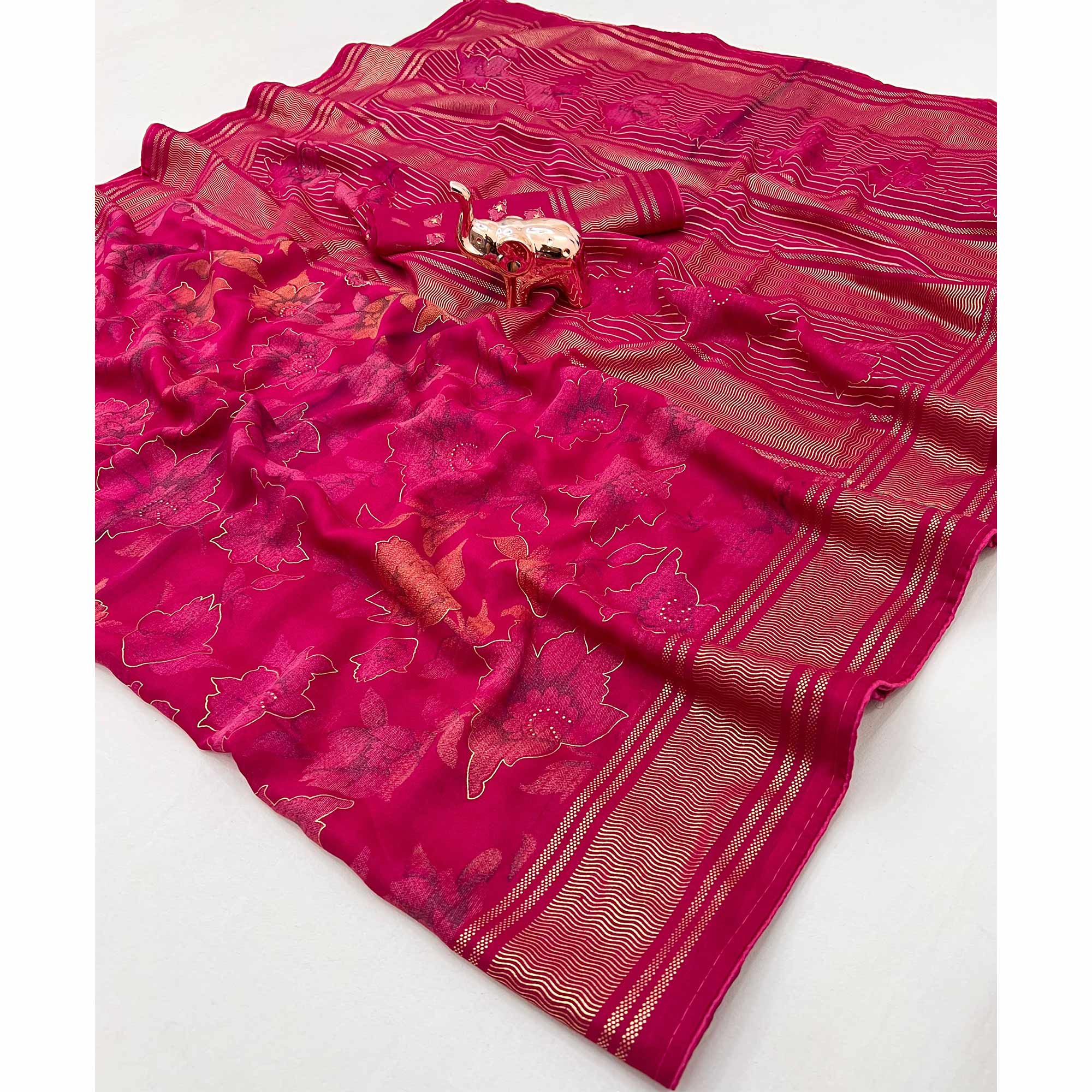 Pink Floral Foil Printed Georgette Saree With Tassels