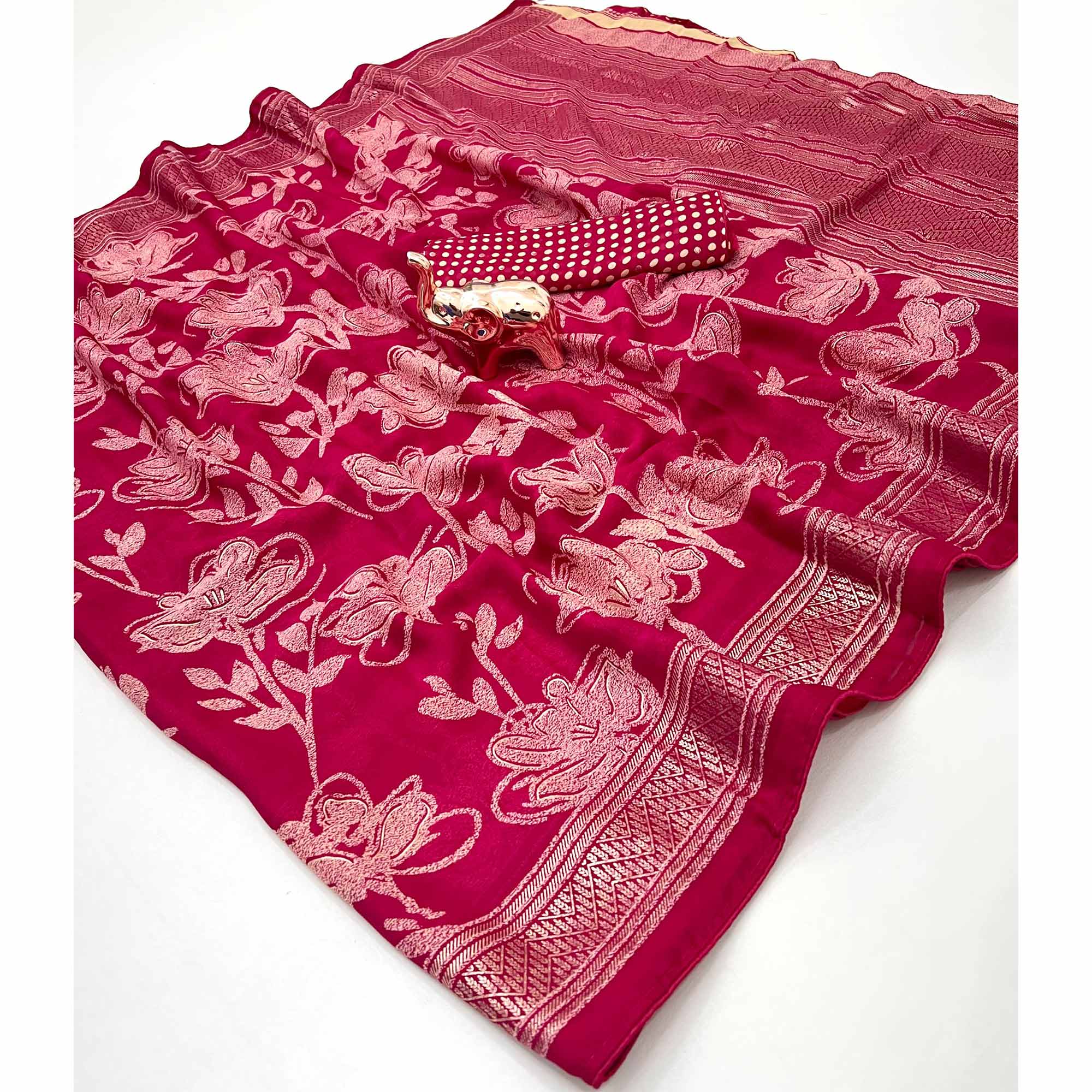 Pink Toned Georgette Saree With Intricate Mill Print & Gleaming Floral Foil Embellishments