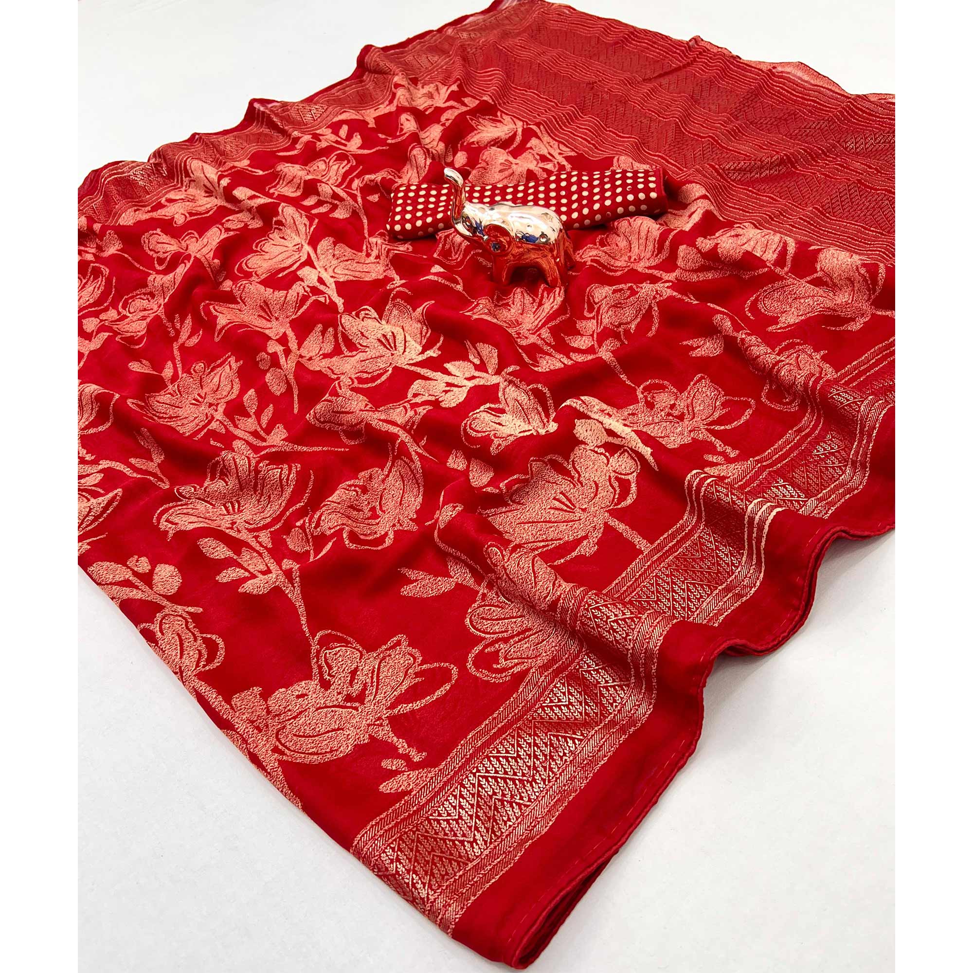 Red Toned Georgette Saree With Intricate Mill Print & Gleaming Floral Foil Embellishments