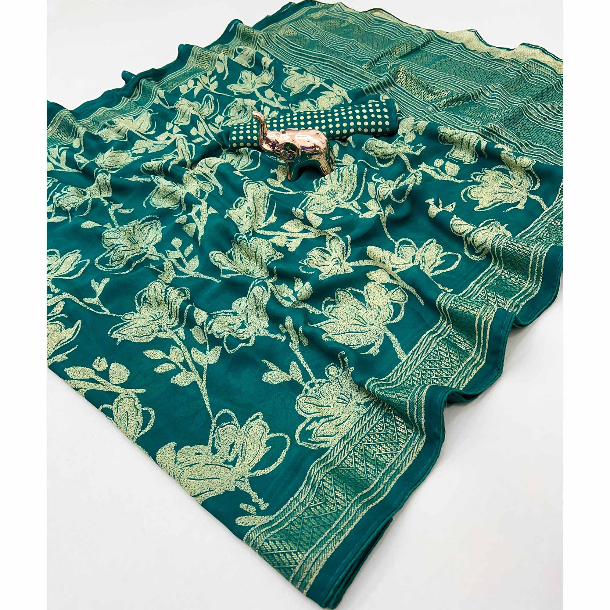 Teal Toned Georgette Saree With Intricate Mill Print & Gleaming Floral Foil Embellishments