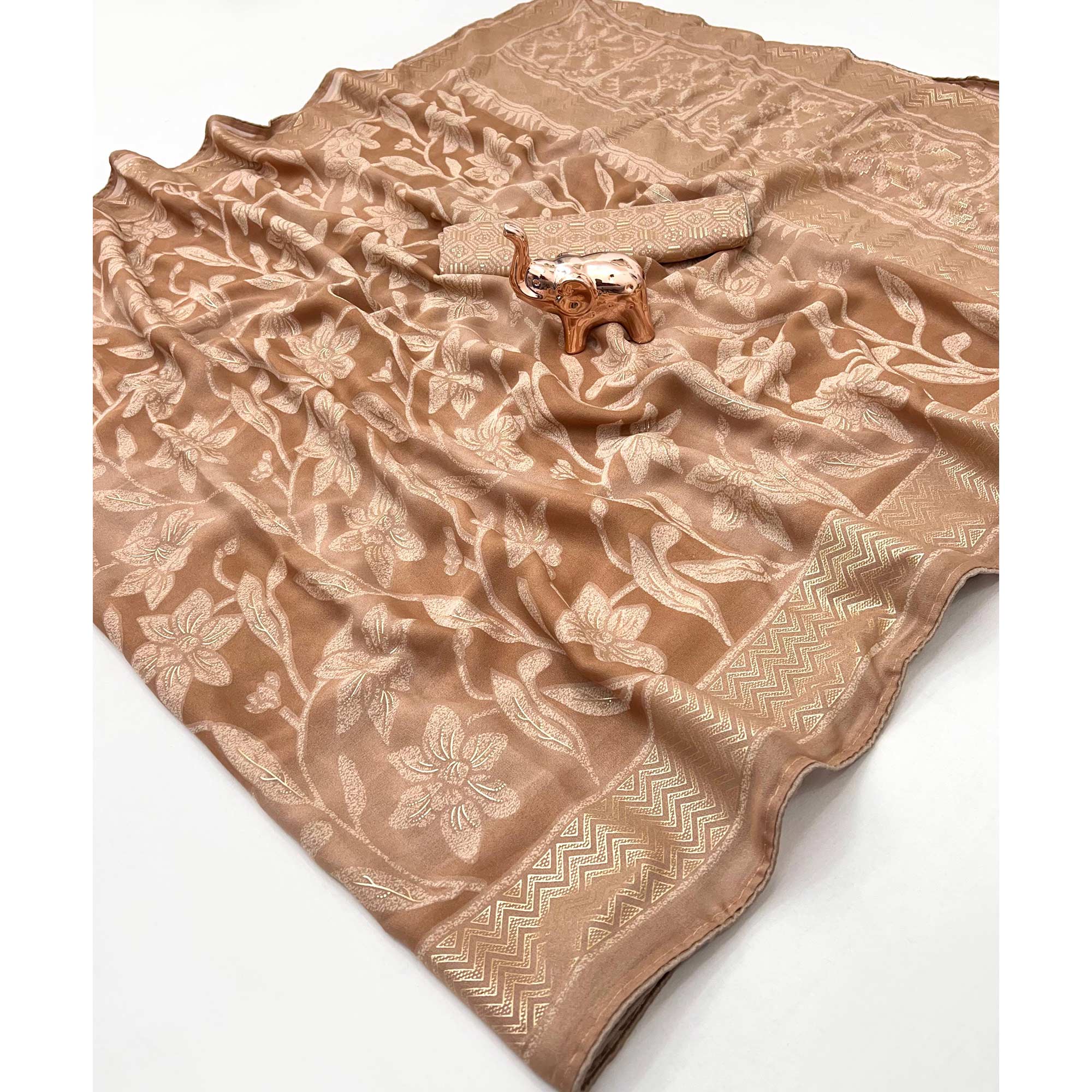 Timeless Dusty Brown Georgette Drape Adorned with All-over Floral Foil and Mill Print Detailing