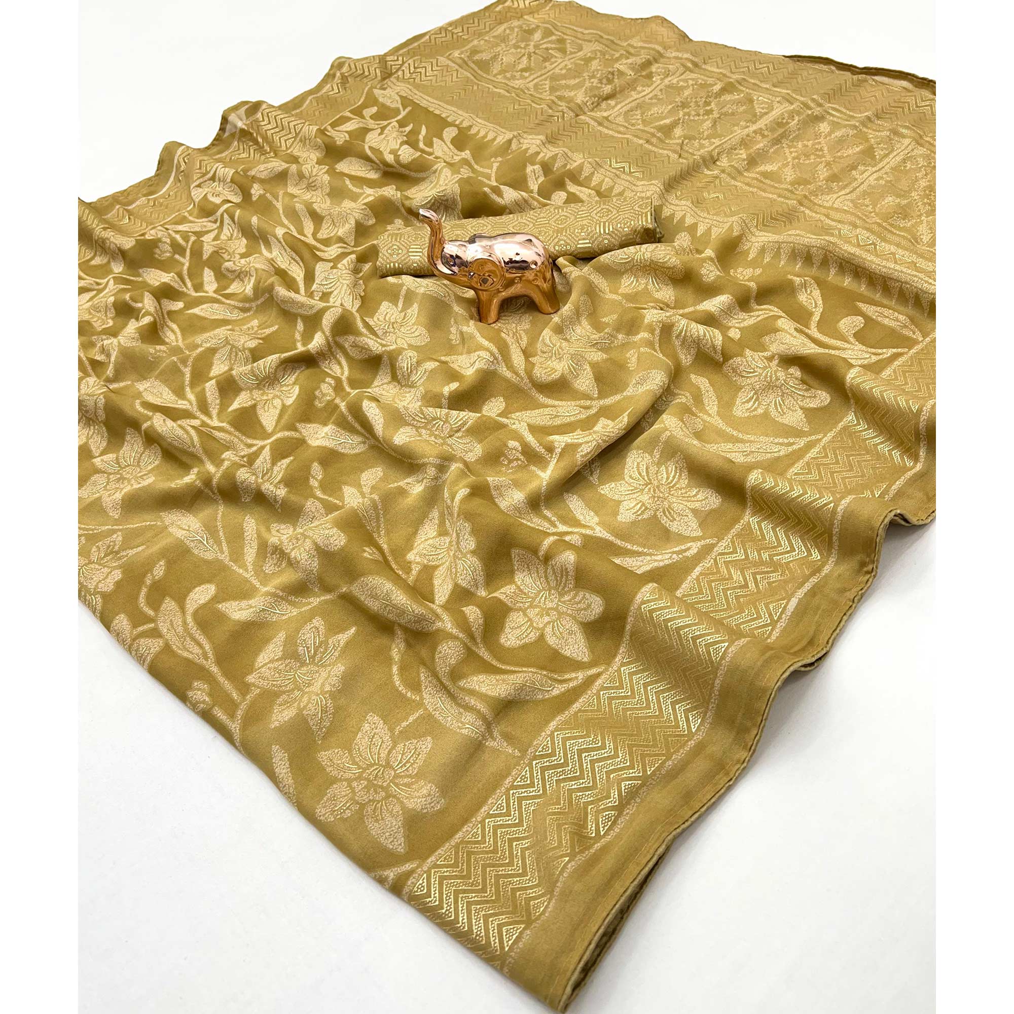 Timeless Olive Green Georgette Drape Adorned with All-over Floral Foil and Mill Print Detailing