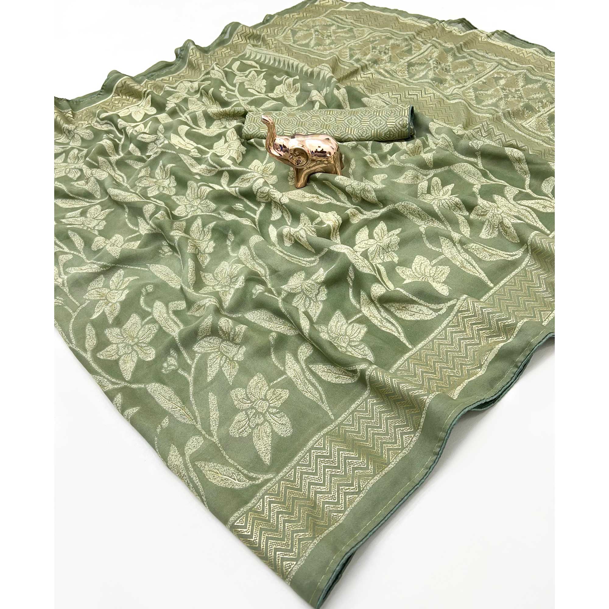 Timeless Sage Green Georgette Drape Adorned with All-over Floral Foil and Mill Print Detailing