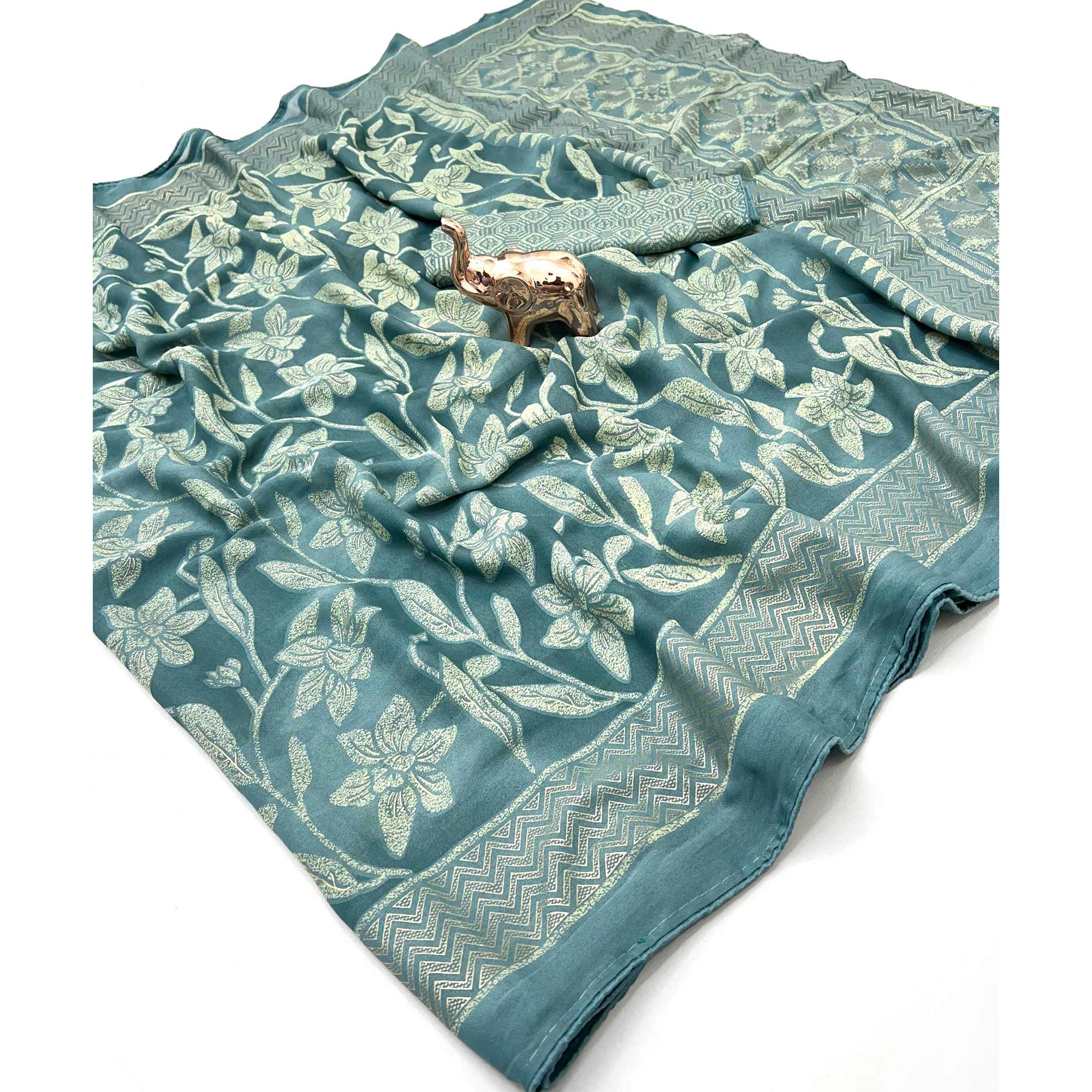 Timeless Teal Georgette Drape Adorned with All-over Floral Foil and Mill Print Detailing