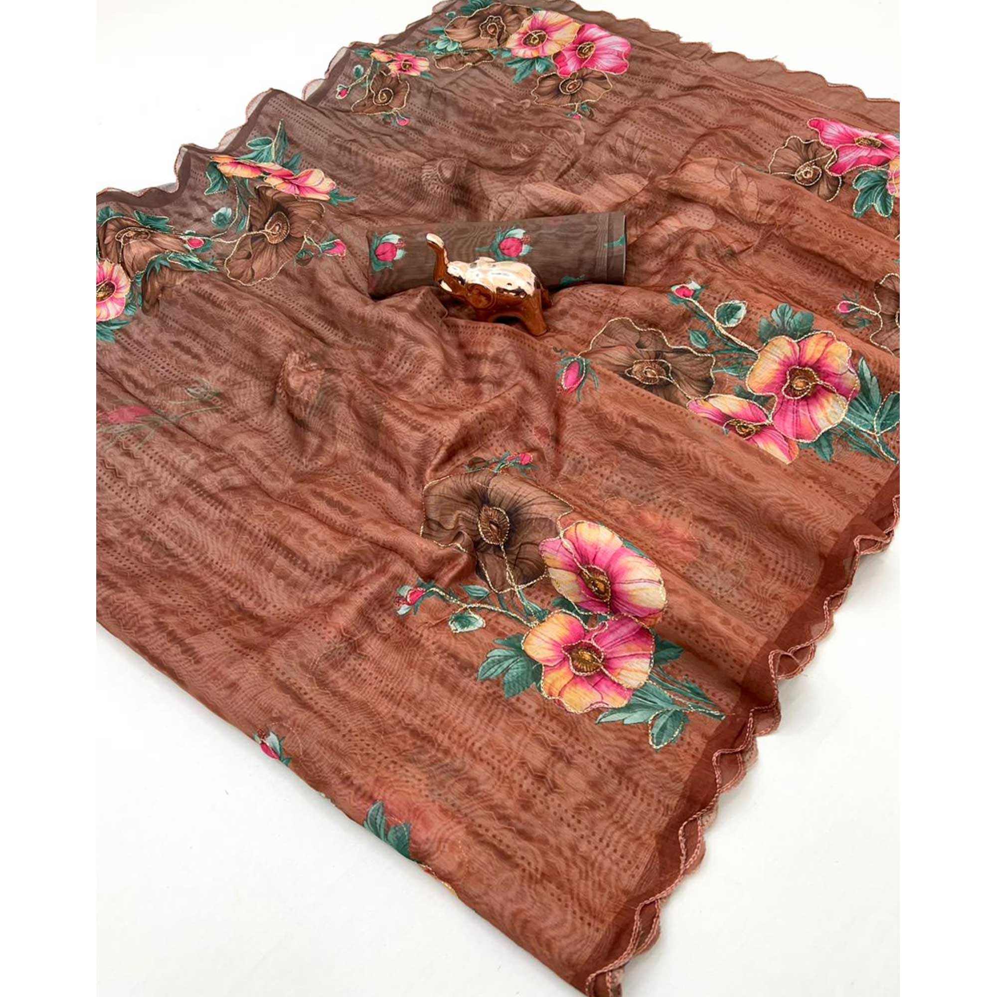 Brown Chanderi Cotton Saree Adorned with Floral Prints and Fine Embroidery for Traditional Look