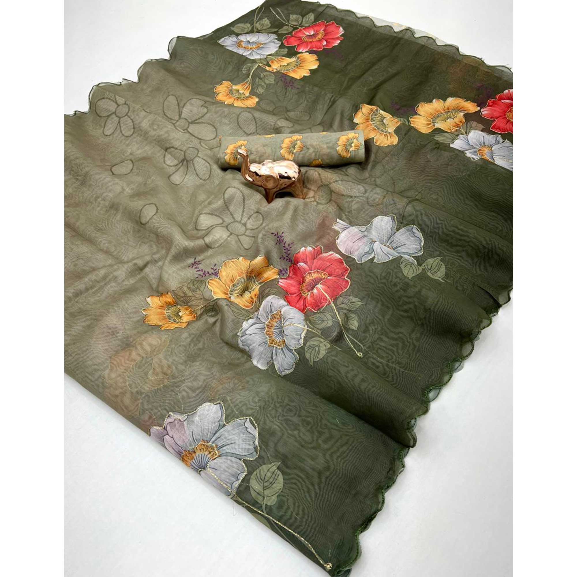Green Floral Printed Chanderi Cotton Embroidered Saree Perfect for Festive