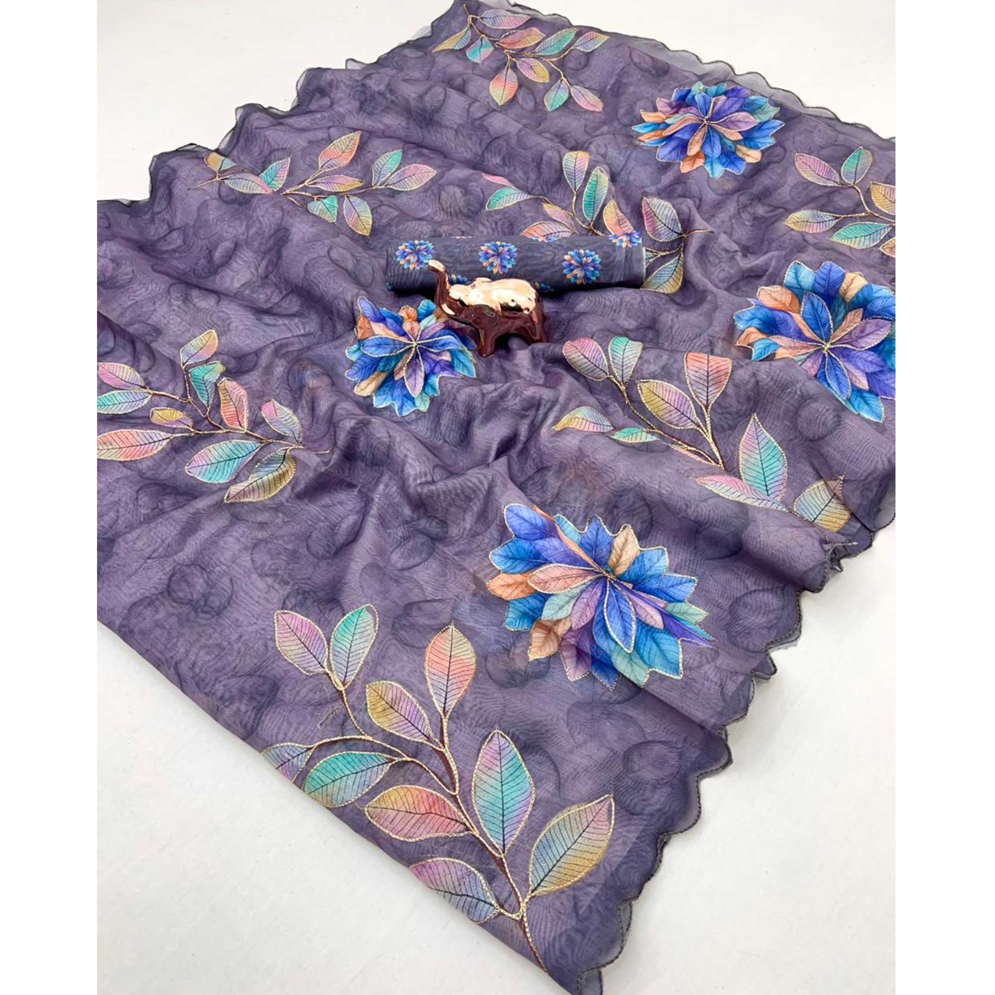 Lavender Chanderi Cotton Saree Adorned with Floral Prints and Fine Embroidery for Traditional Look