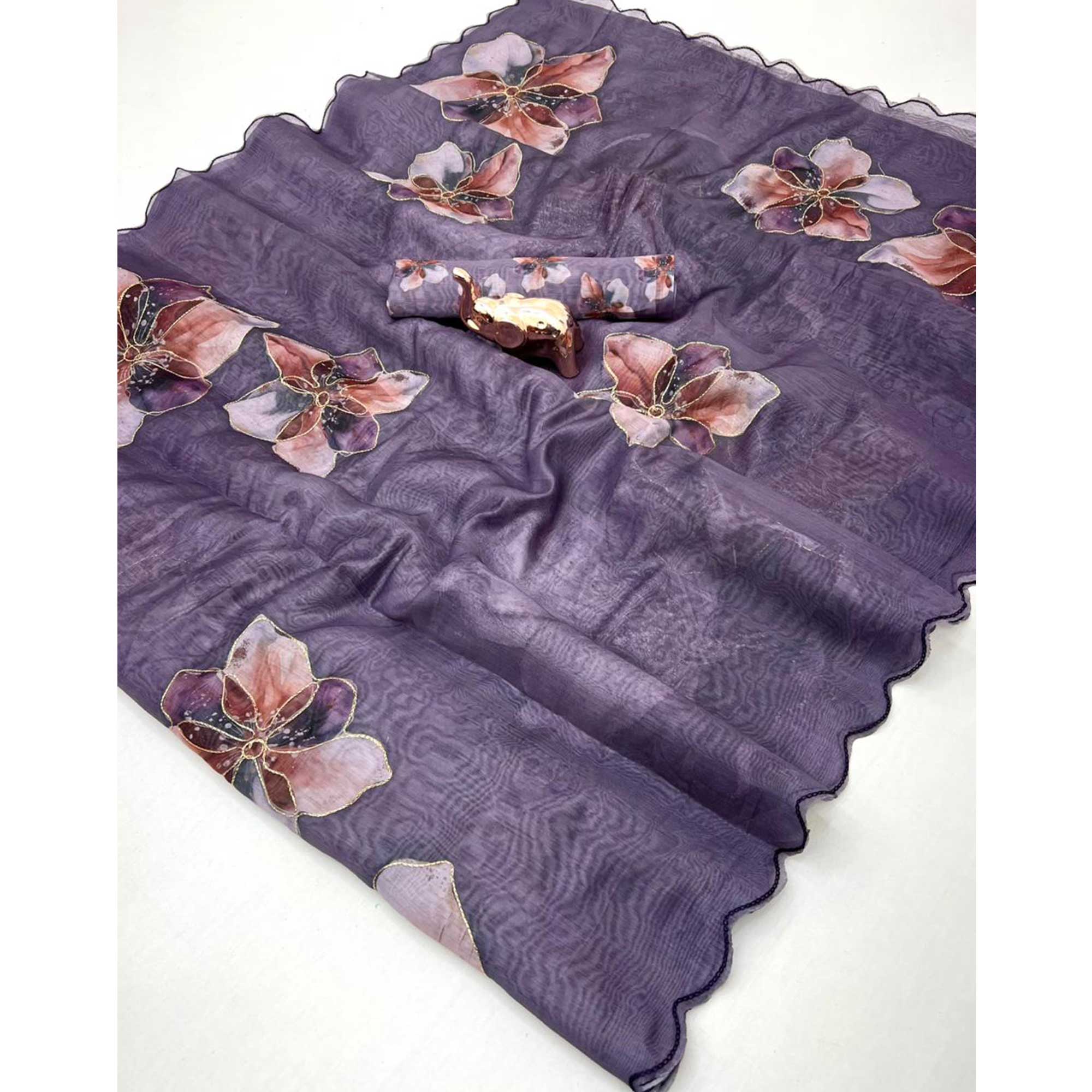 Lavender Floral Printed Chanderi Cotton Embroidered Saree Perfect for Festive