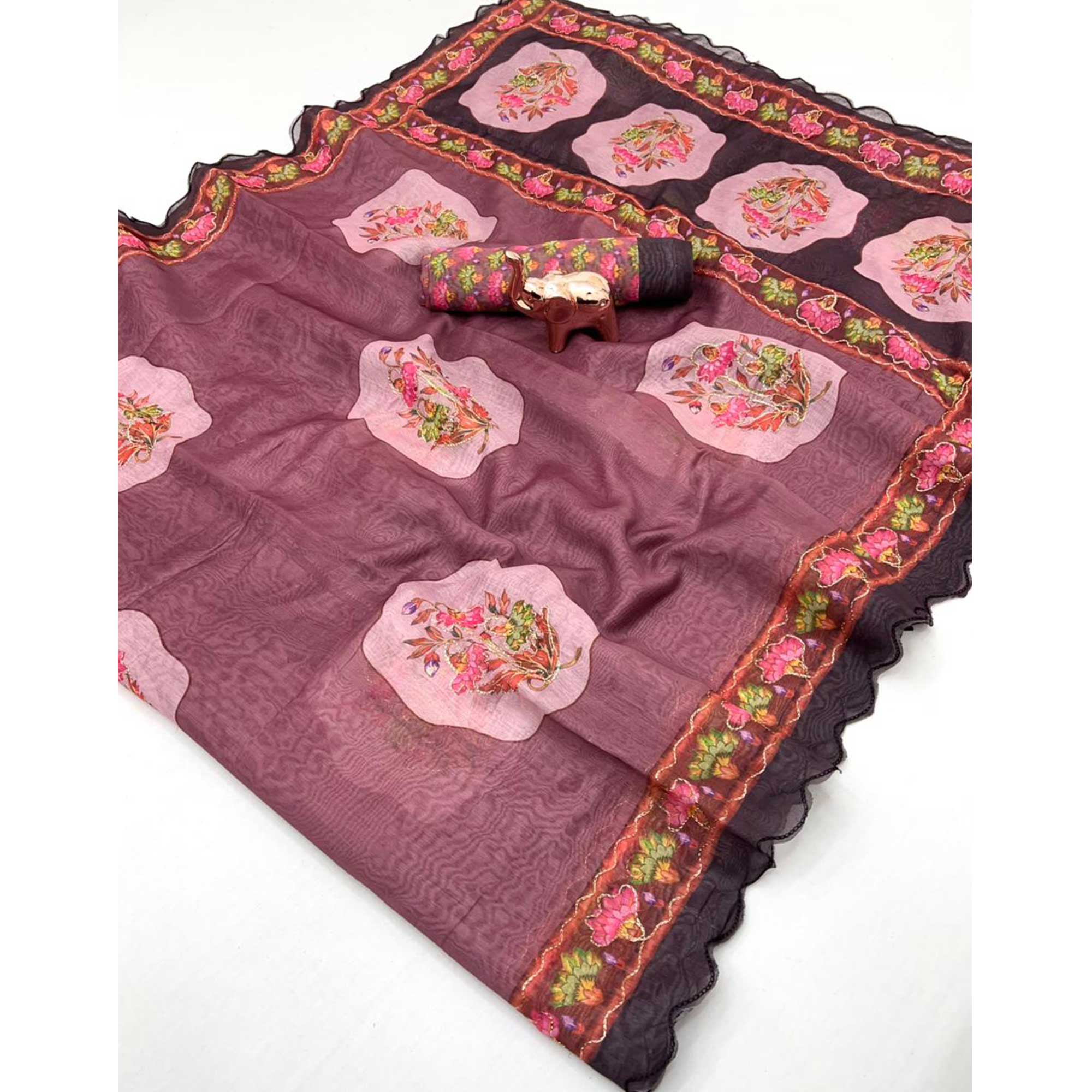 Mauve Floral Printed Chanderi Cotton Embroidered Saree Perfect for Festive