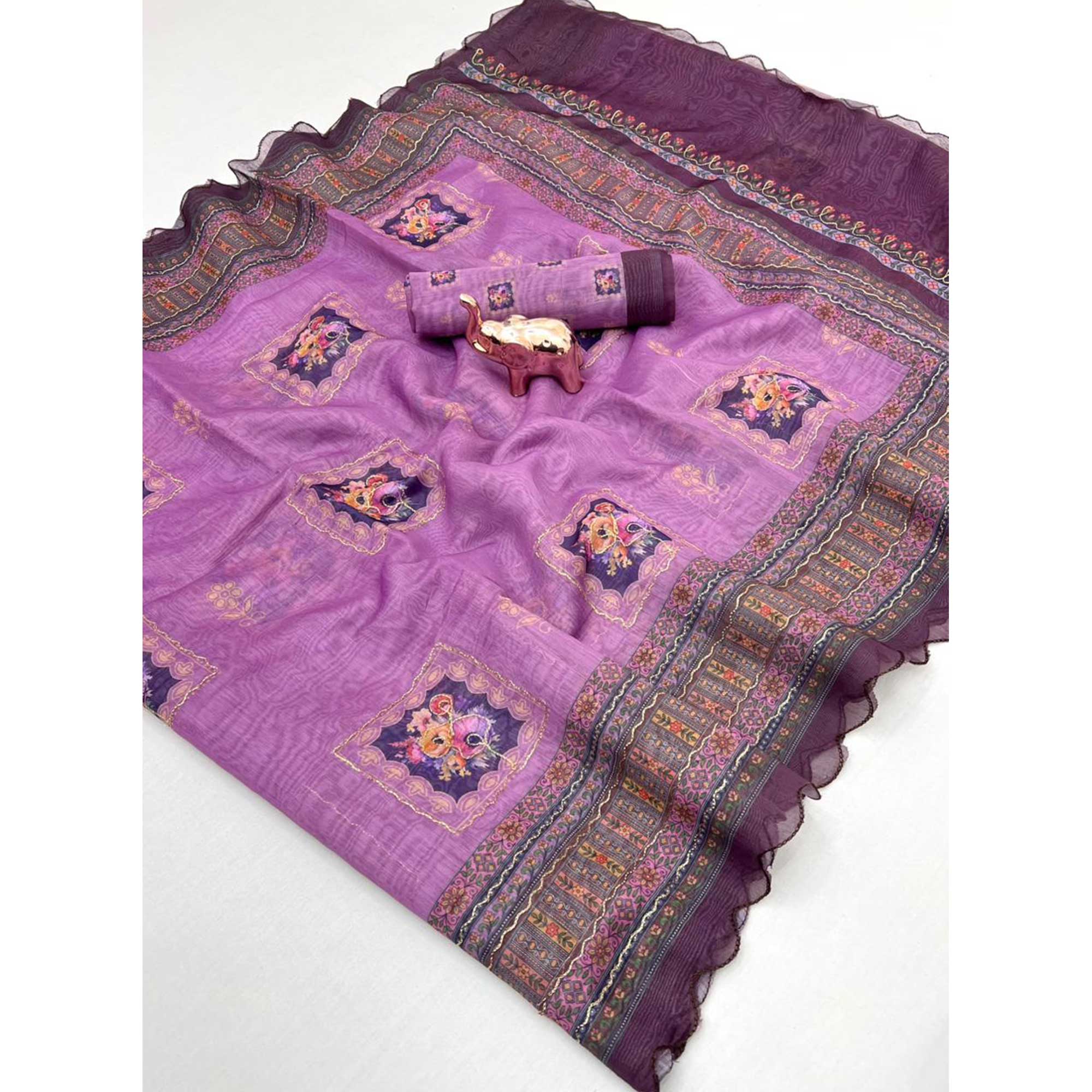 Purple Floral Printed Chanderi Cotton Embroidered Saree Perfect for Festive
