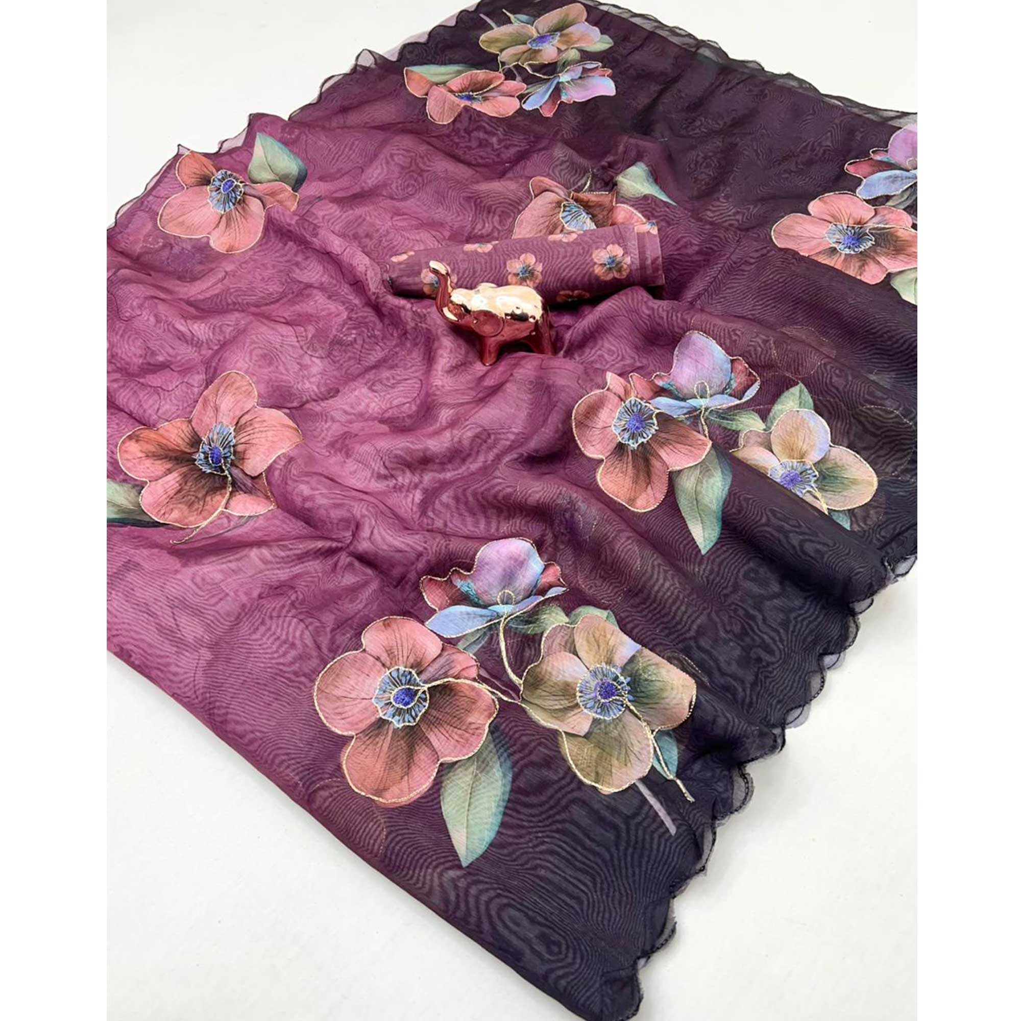 Wine Floral Printed Chanderi Cotton Embroidered Saree Perfect for Festive