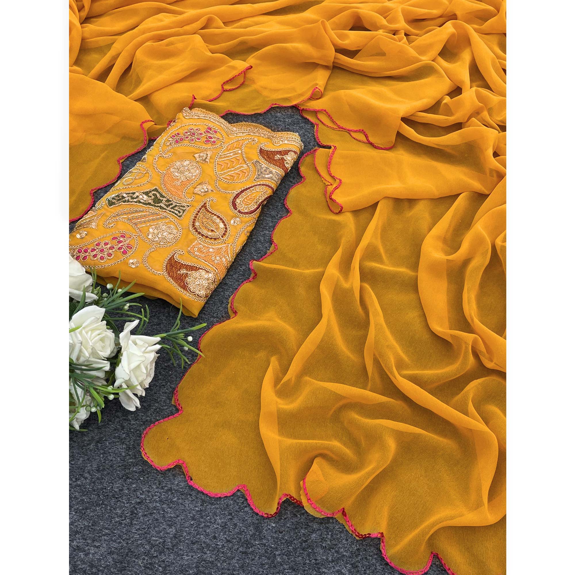 Yellow Solid Georgette Saree With Embroidered Border