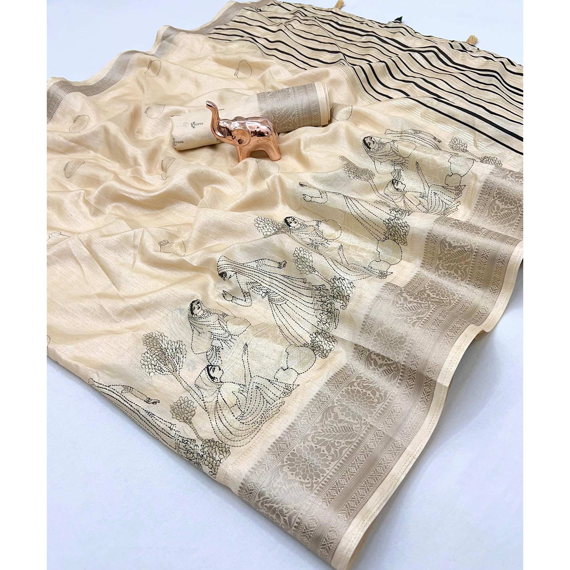 Traditional Print With Weaving Dola Silk Saree in Soft Cream Hue