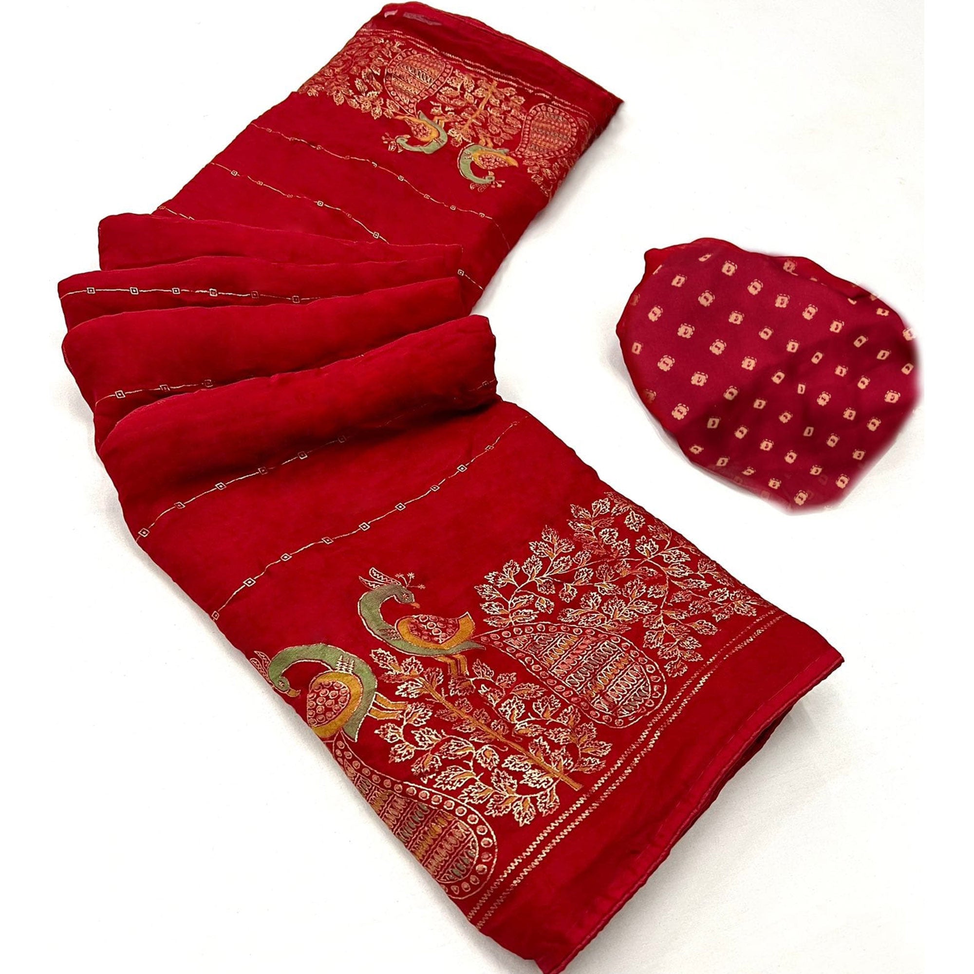Red Floral Foil Printed Georgette Saree