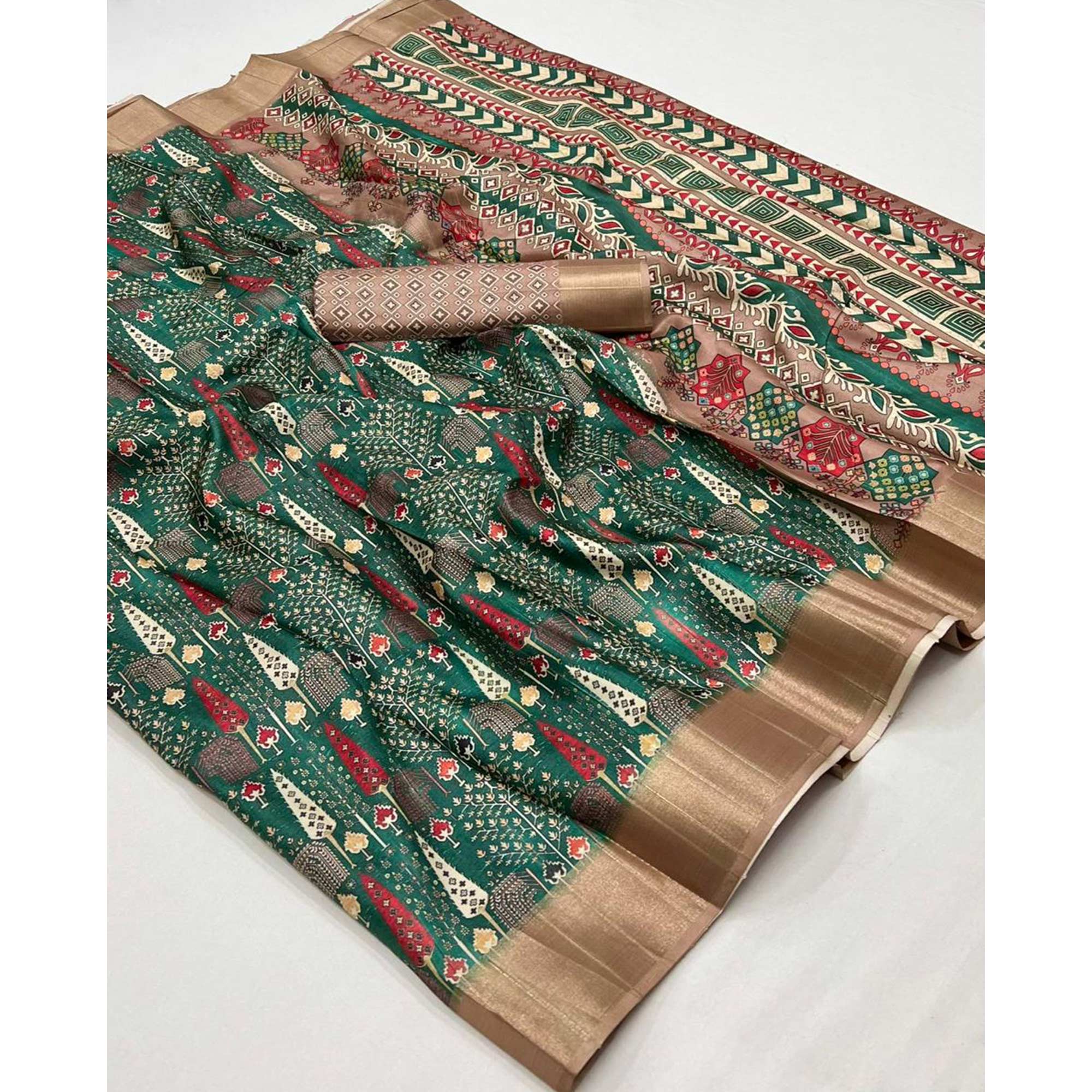 Green Floral Digital Printed Tussar Silk Saree