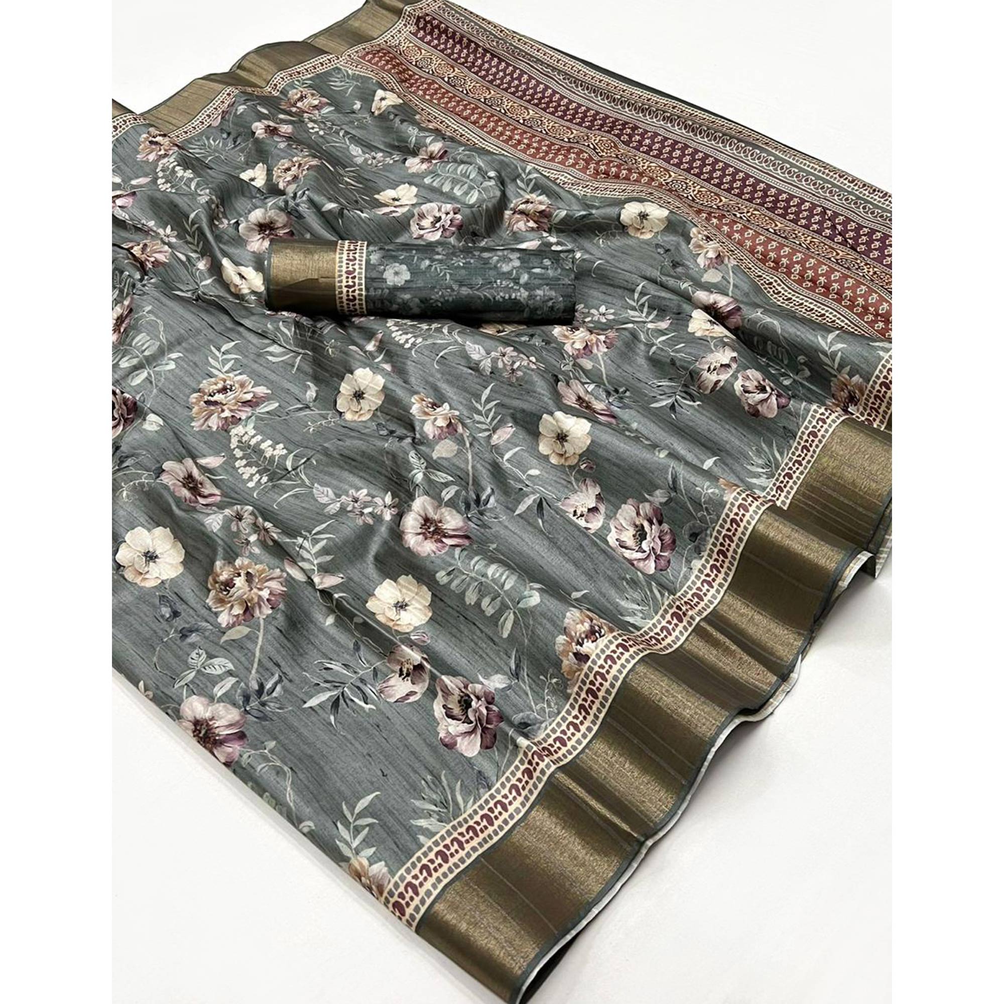 Grey Floral Digital Printed Tussar Silk Saree