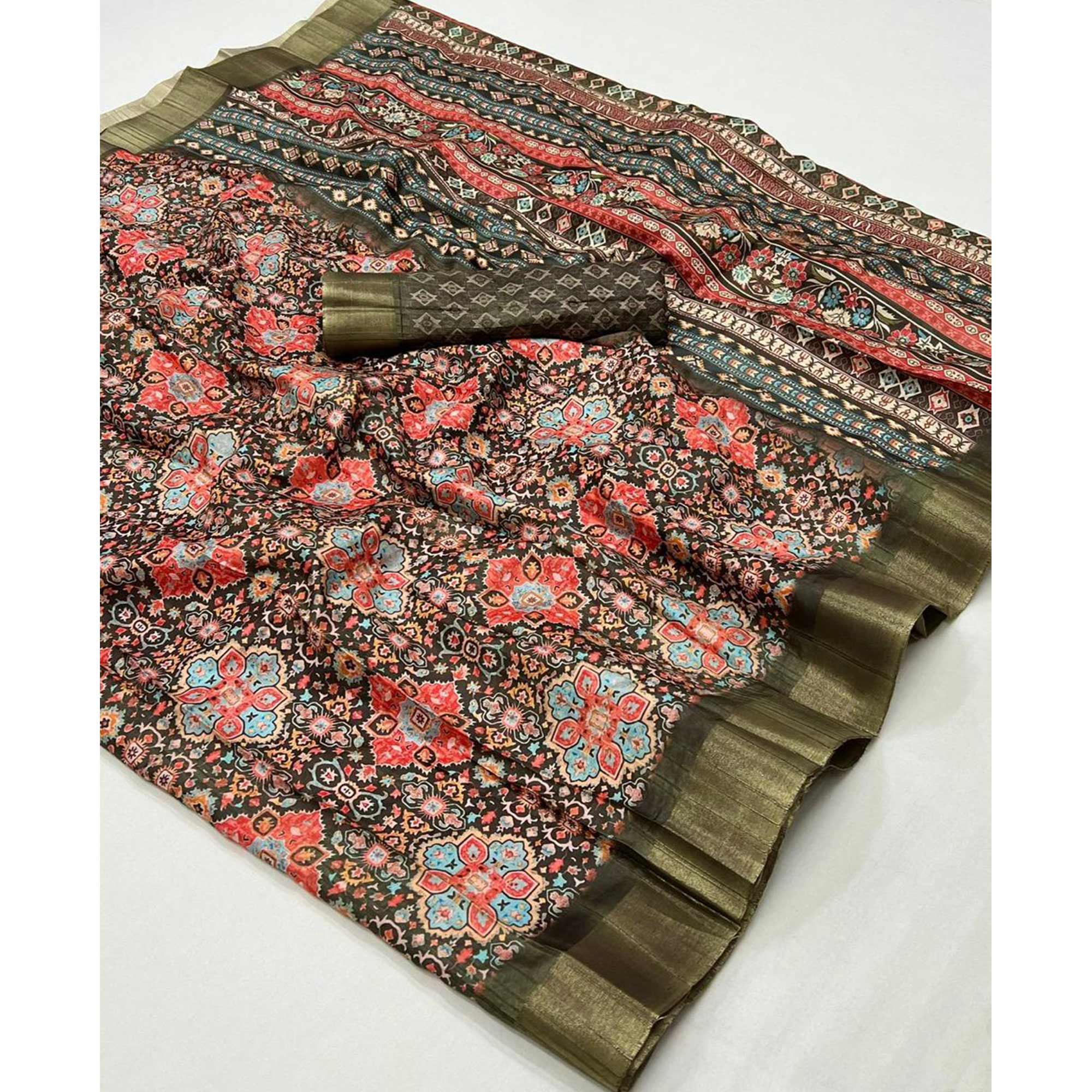 Mehendi Green Floral Digital Printed Tussar Silk Saree