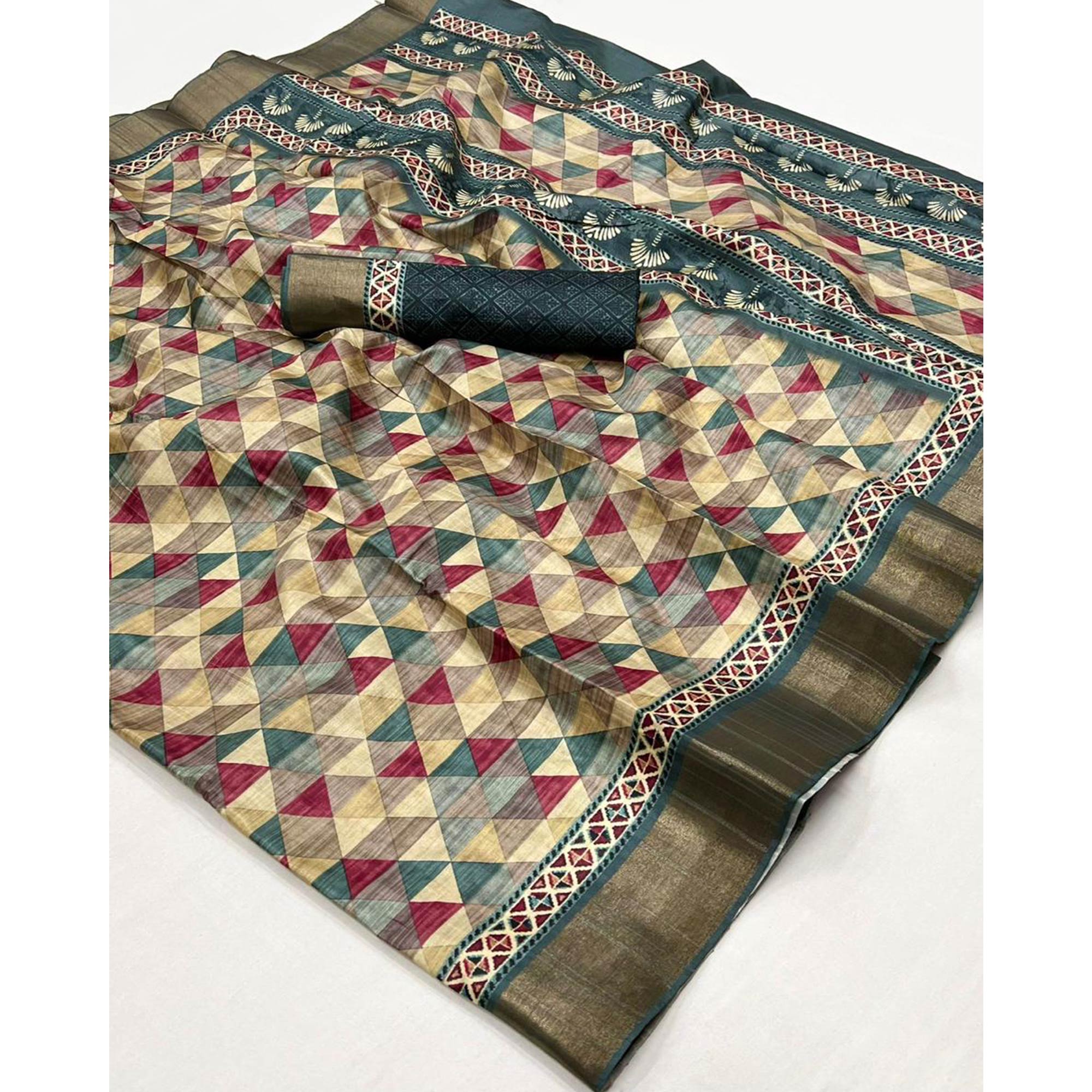 Multicolor Geometric Digital Printed Tussar Silk Saree
