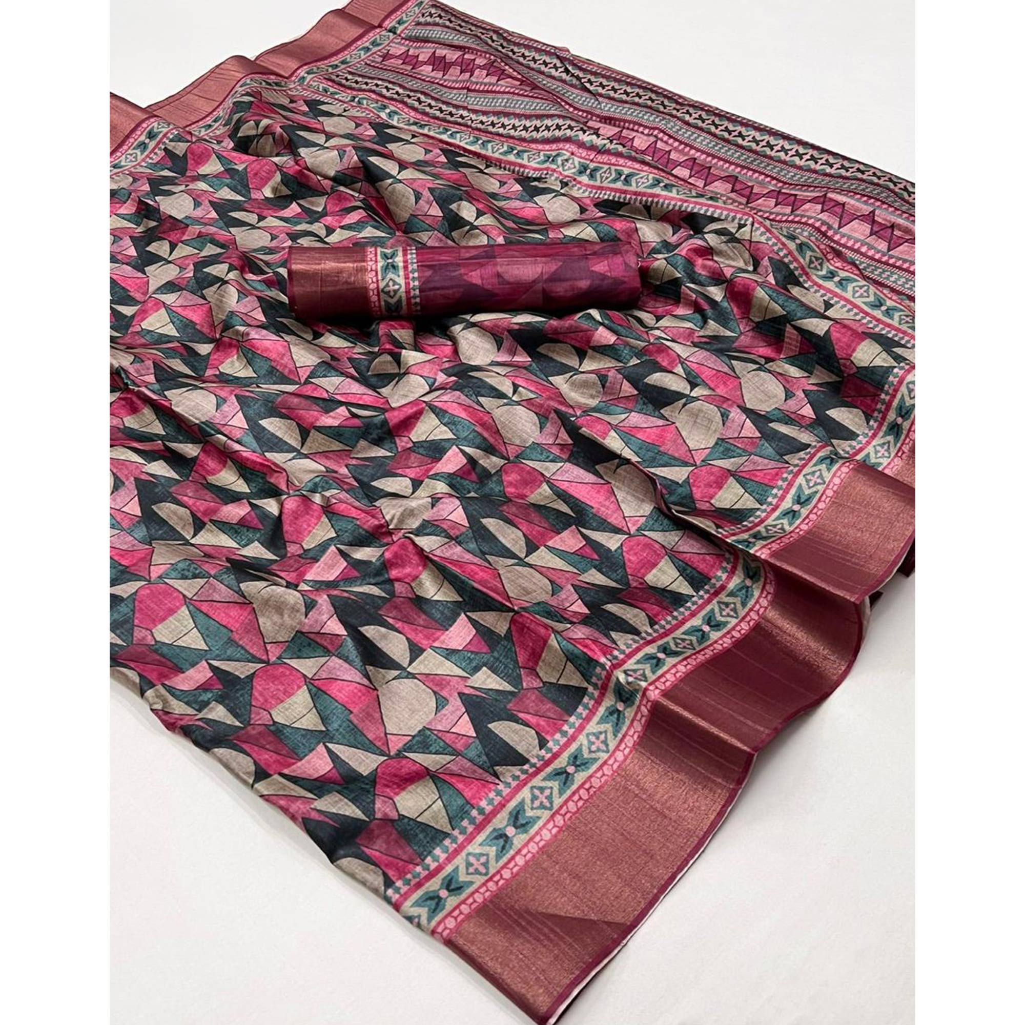 Pink Geometric Digital Printed Tussar Silk Saree