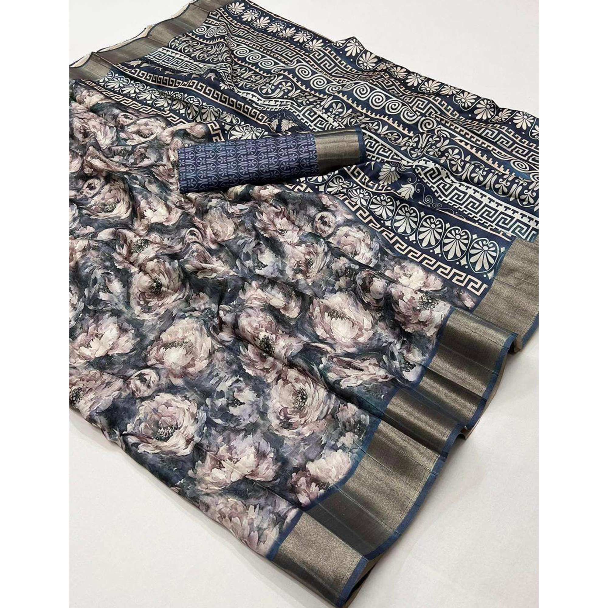 Grey Floral Digital Printed With Woven Border Tussar Silk Saree