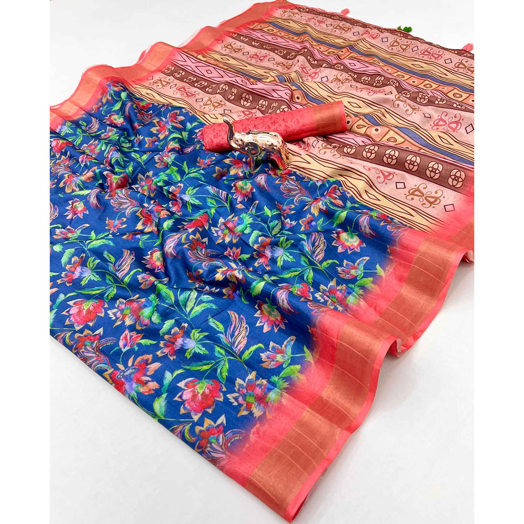 Festive Royal Blue Silk Blend Saree with Subtle Floral Print and Shimmering Zari Border