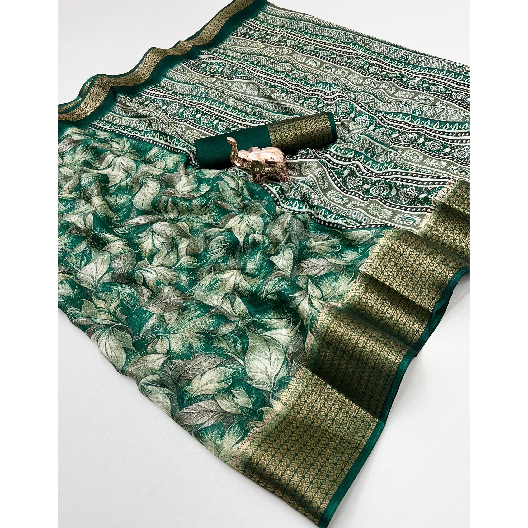 Green Leaf Printed Dola Silk Marshmallow Saree With Paisley Jaal Pallu & Lustrous Weaving Border