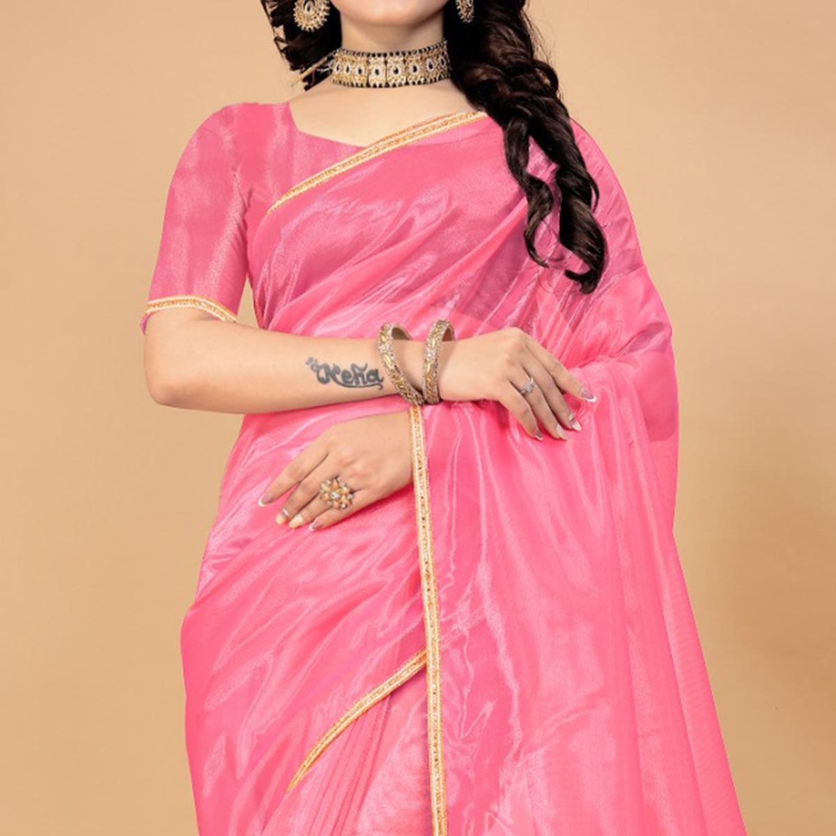 Rose Pink Solid Nylon Saree With Lace Border