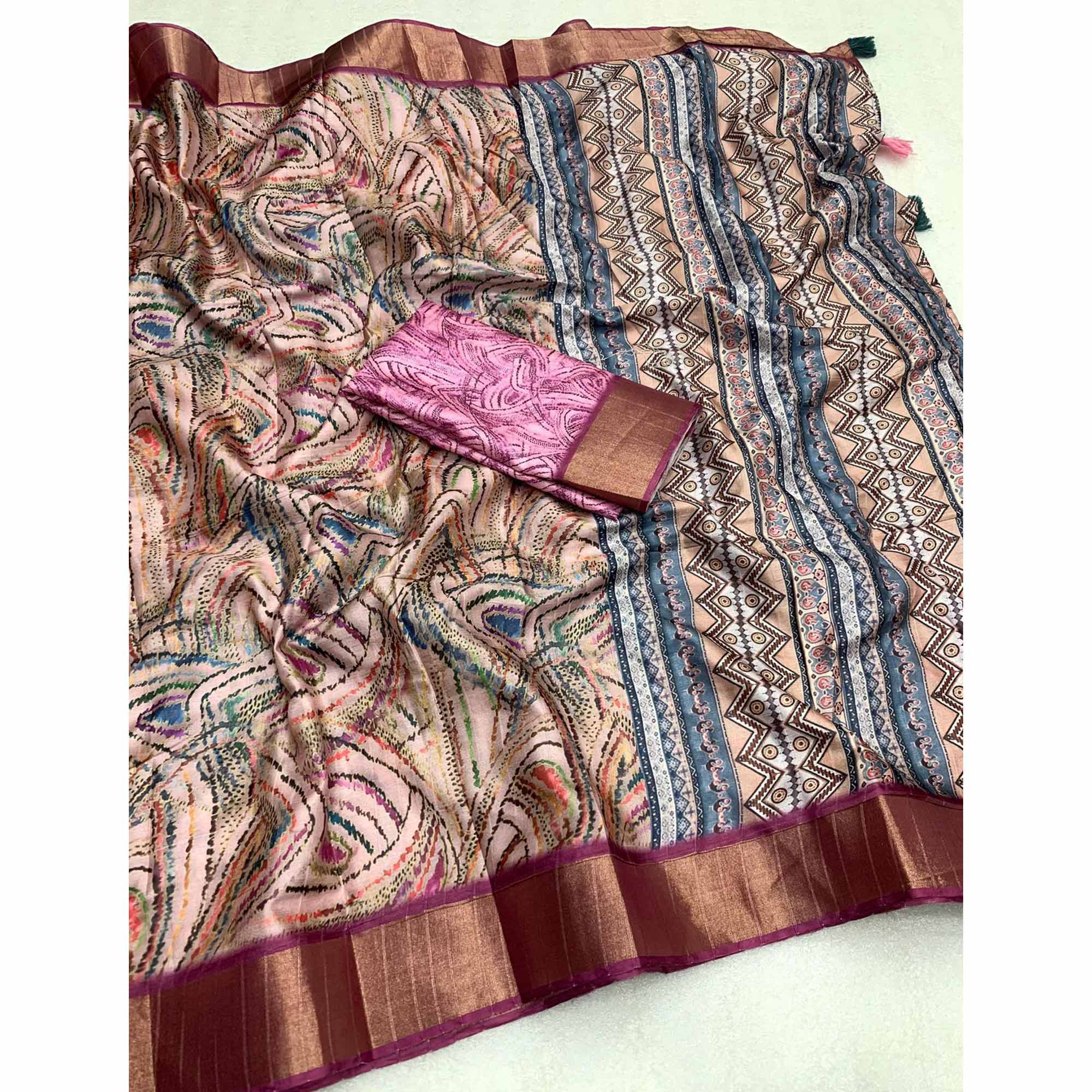 Light Pink Digital Printed Tussar Silk Saree