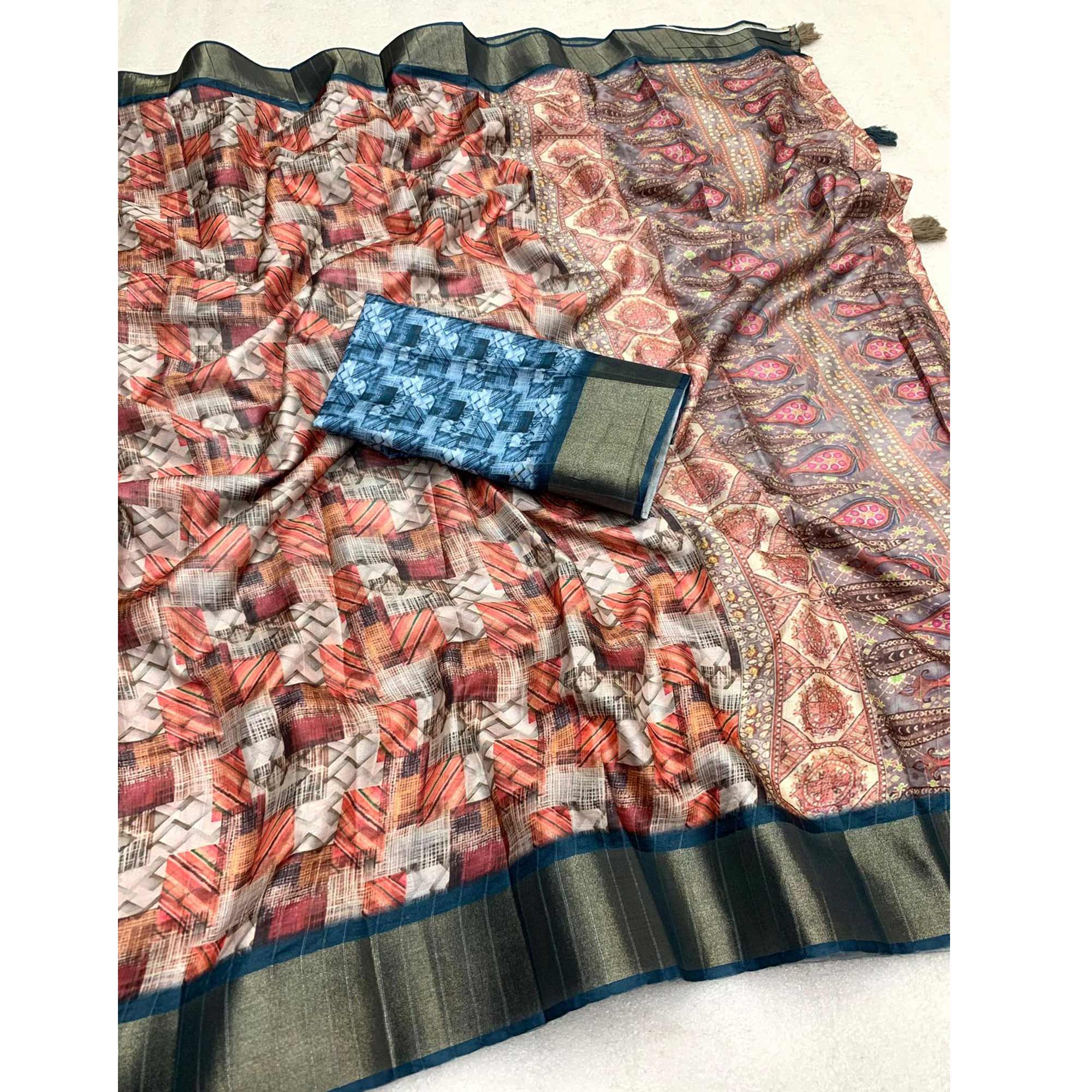 Rust Digital Printed Tussar Silk Saree