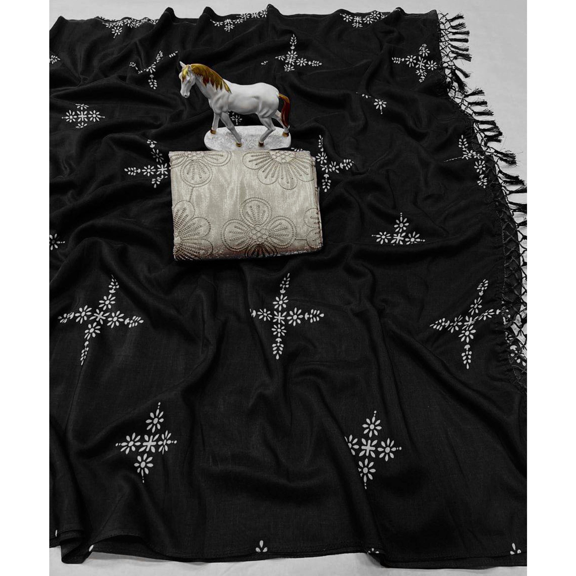 Black Floral Printed Muslin Saree With Tassels