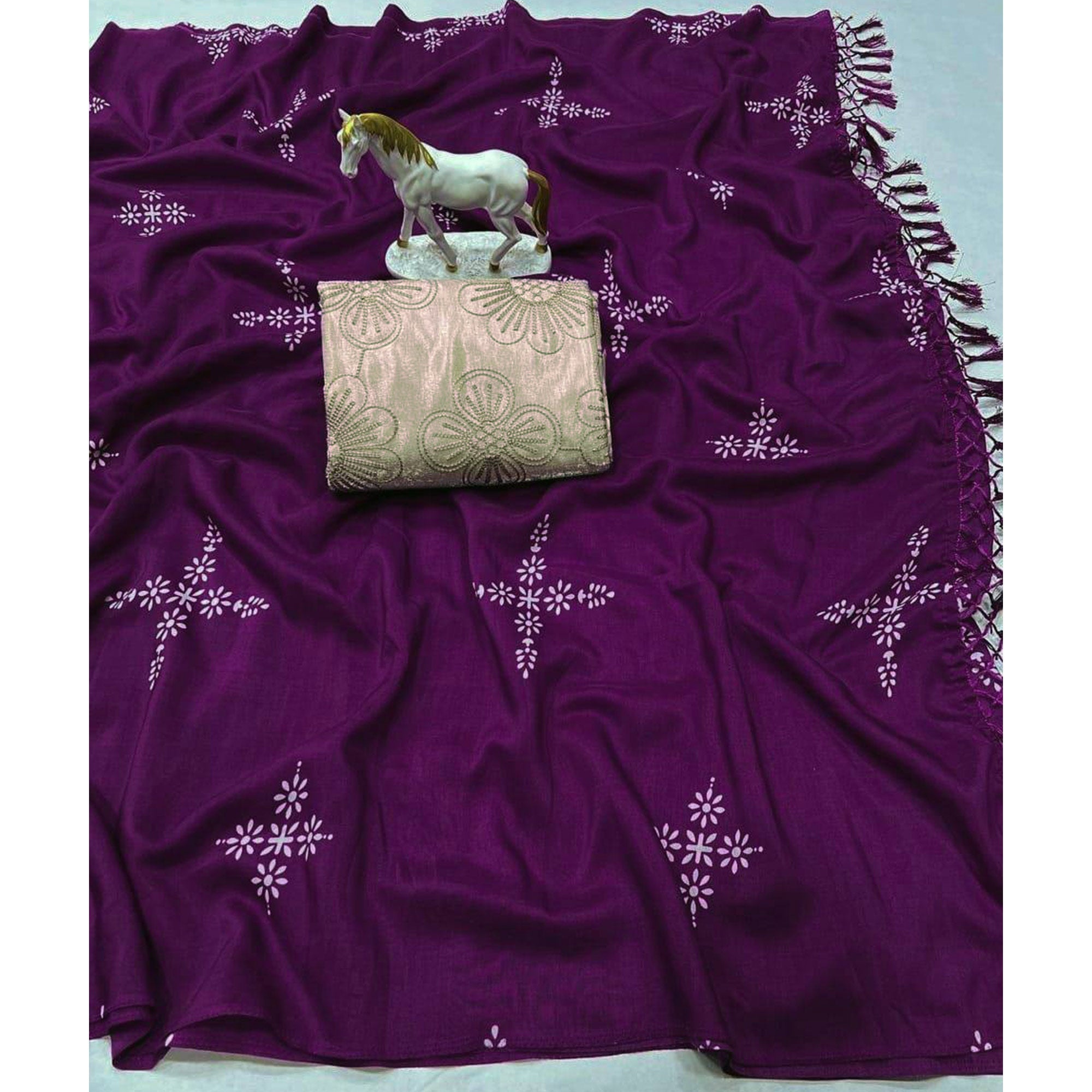 Purple Floral Printed Muslin Saree With Tassels