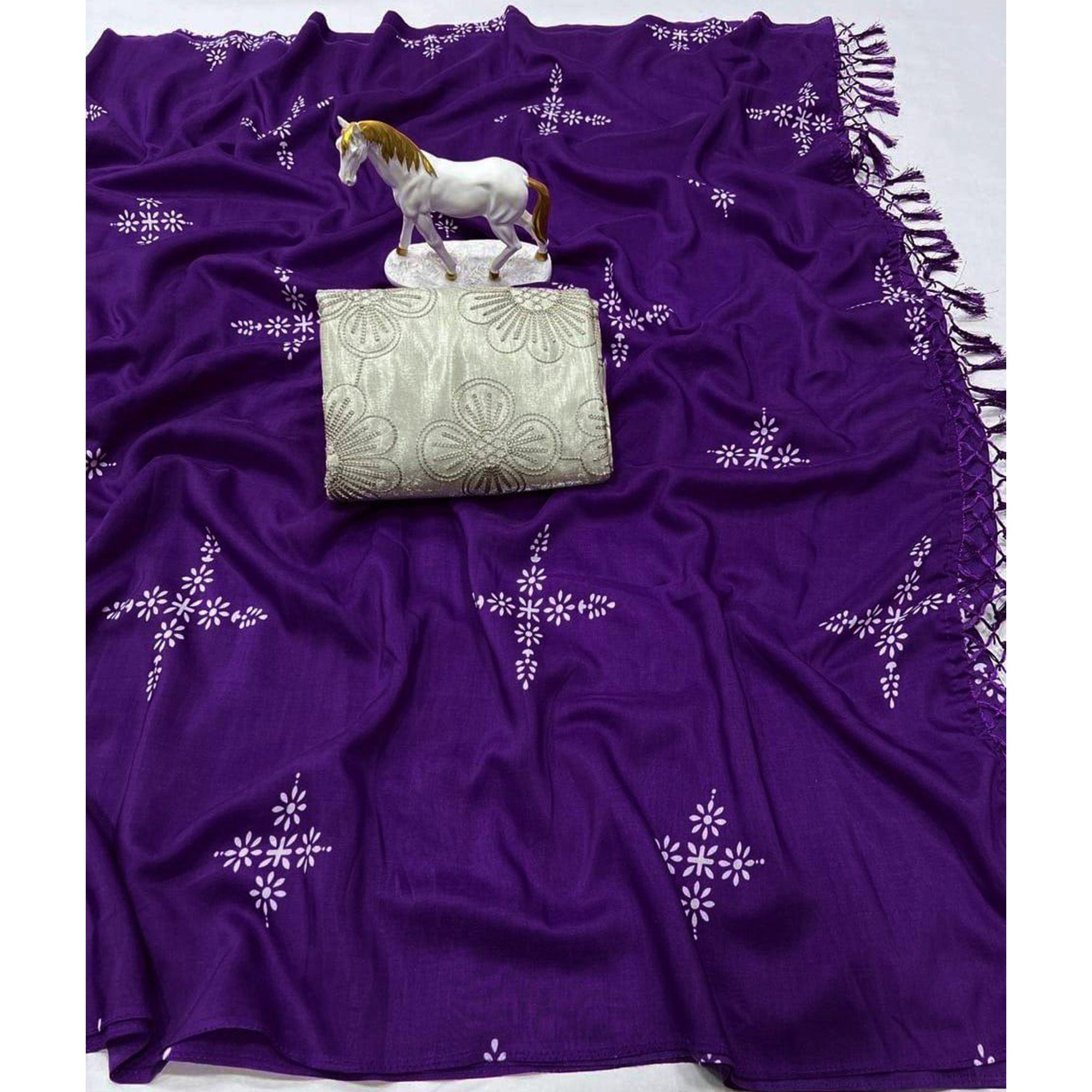 Violet Floral Printed Muslin Saree With Tassels