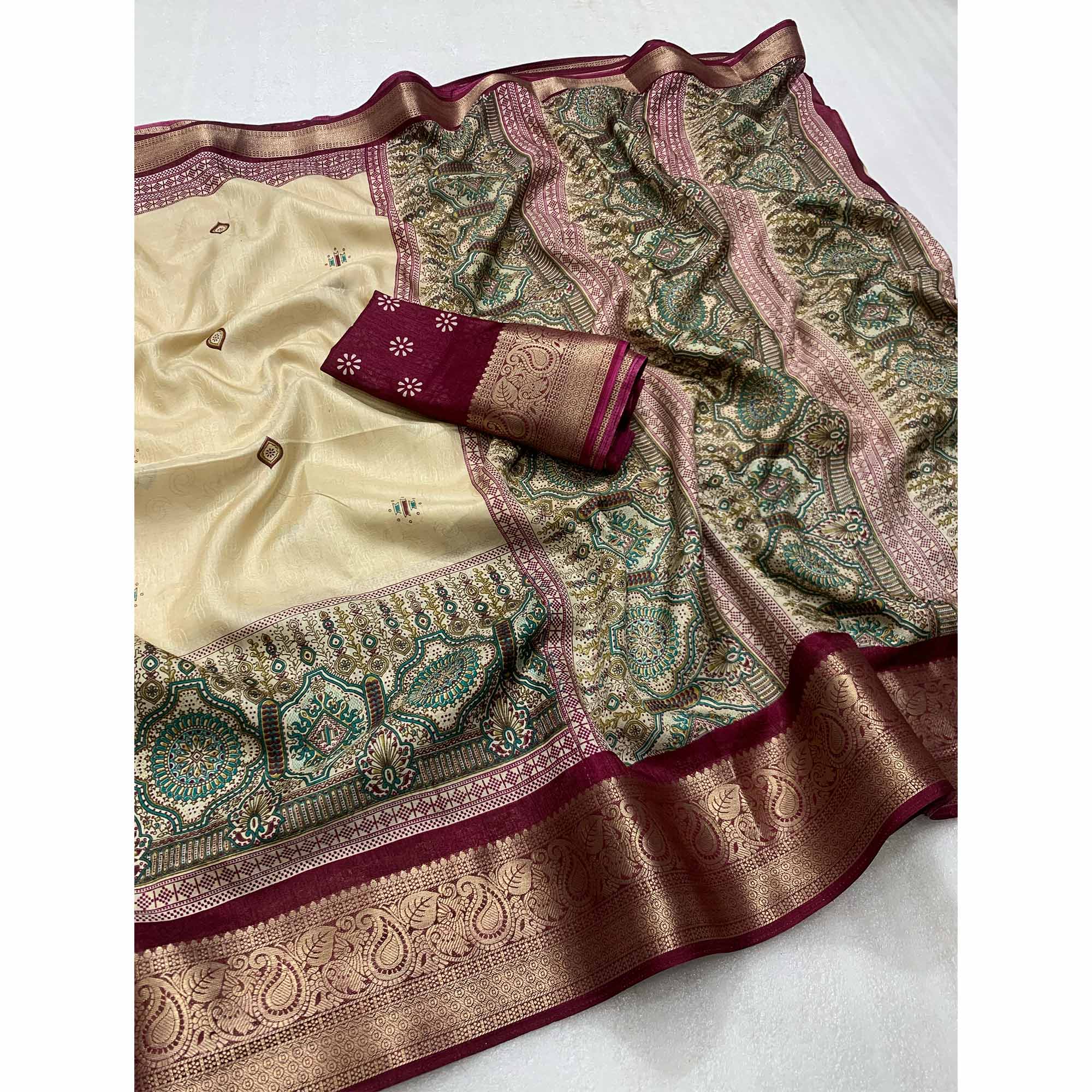 Beige & Wine Printed Cotton Silk Saree With Exquisite Zari Woven Border