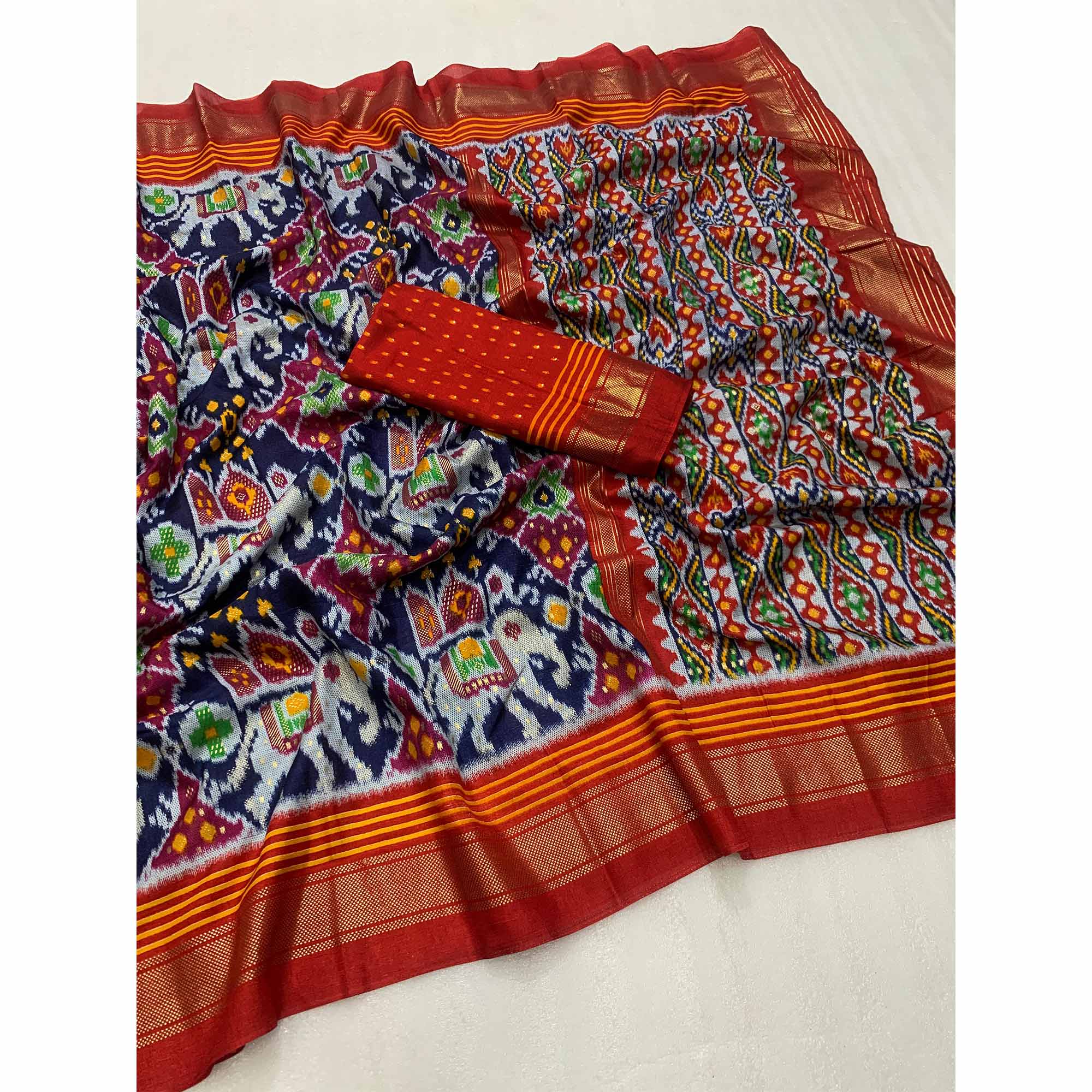 Blue & Grey Patola Printed Dola Silk Saree