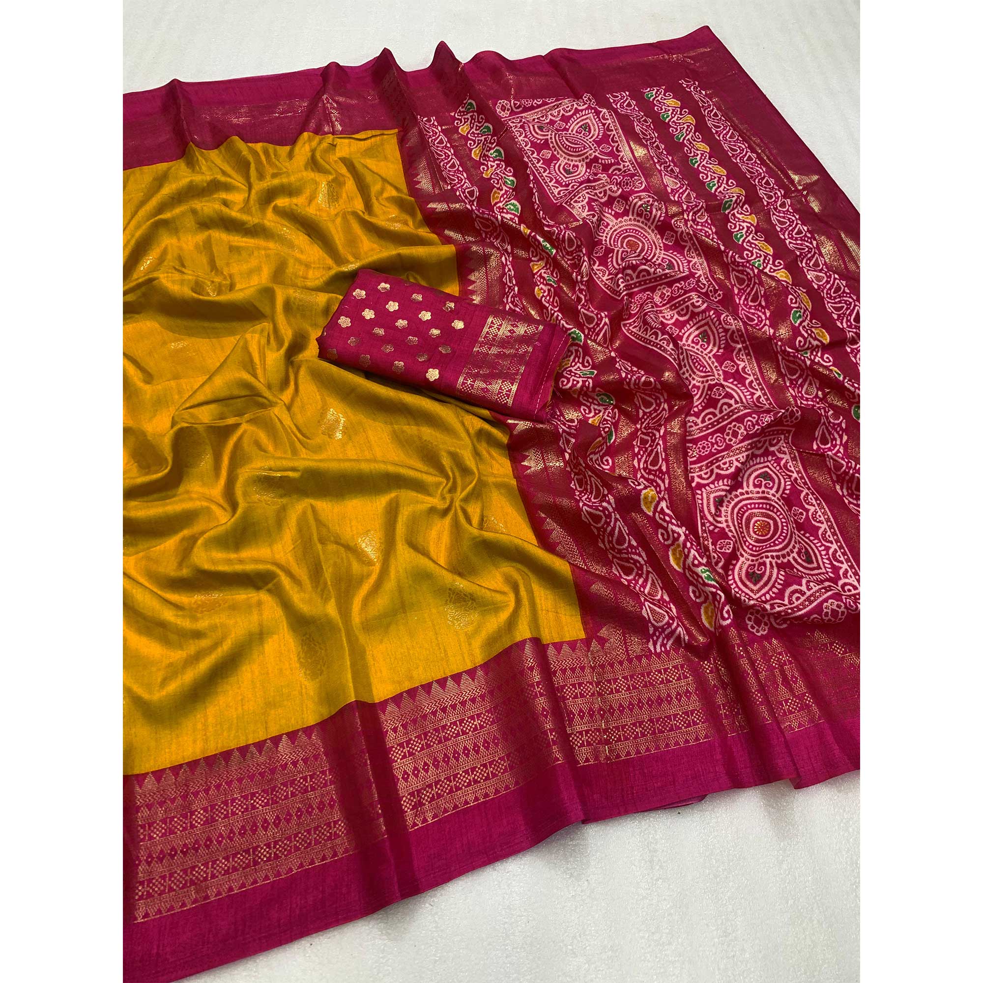 Mustard Patola Printed Dola Silk Saree