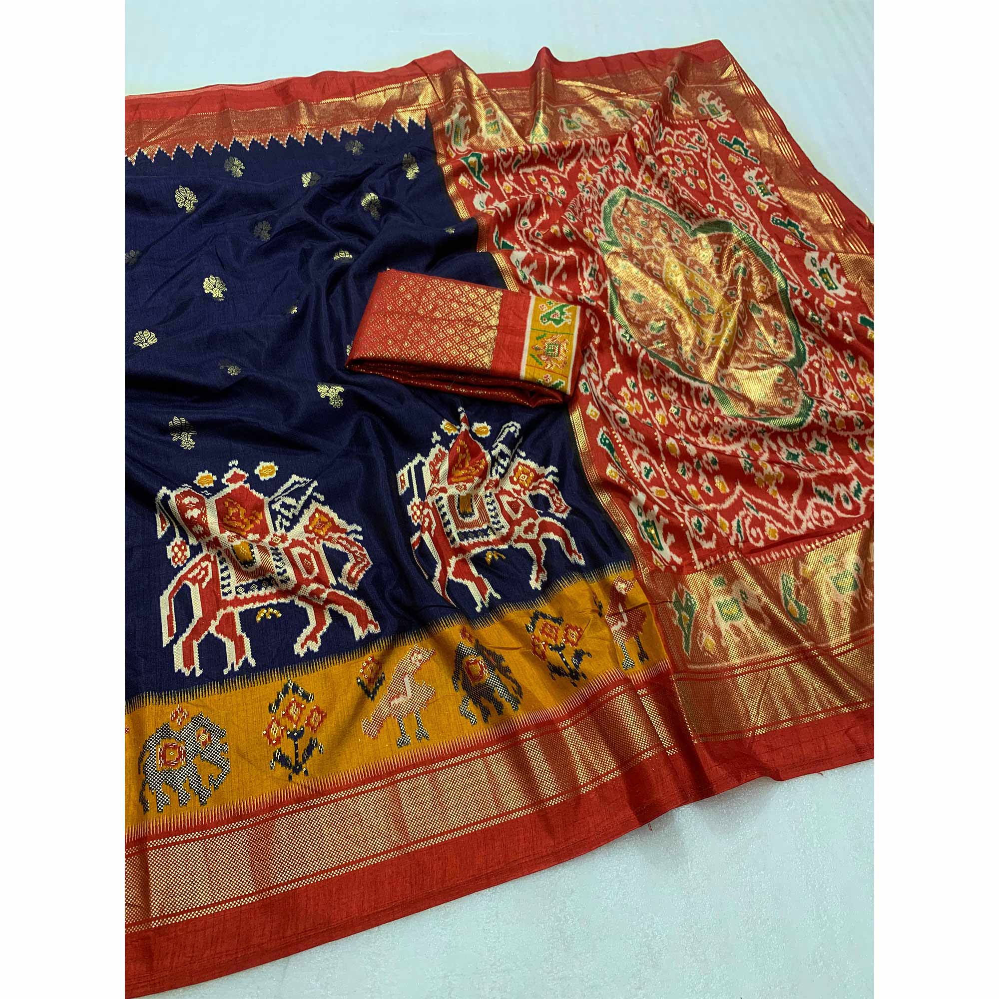 Navy Blue Patola Printed Dola Silk Saree