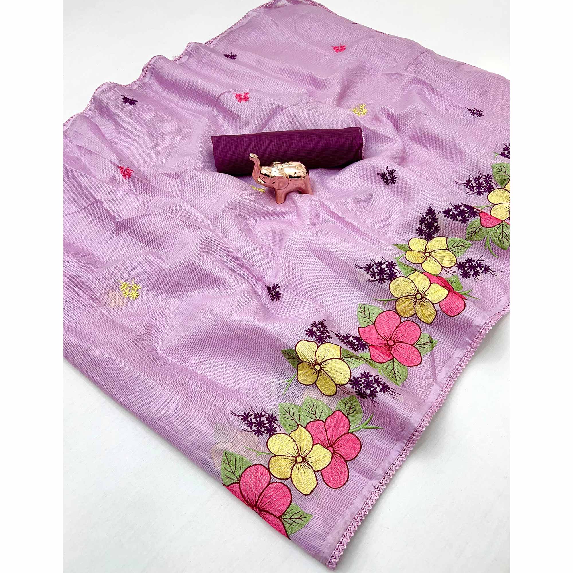 Elegant Lavender Kota Doria Saree with Detailed Floral Thread Work & Premium Crochet Lace Border