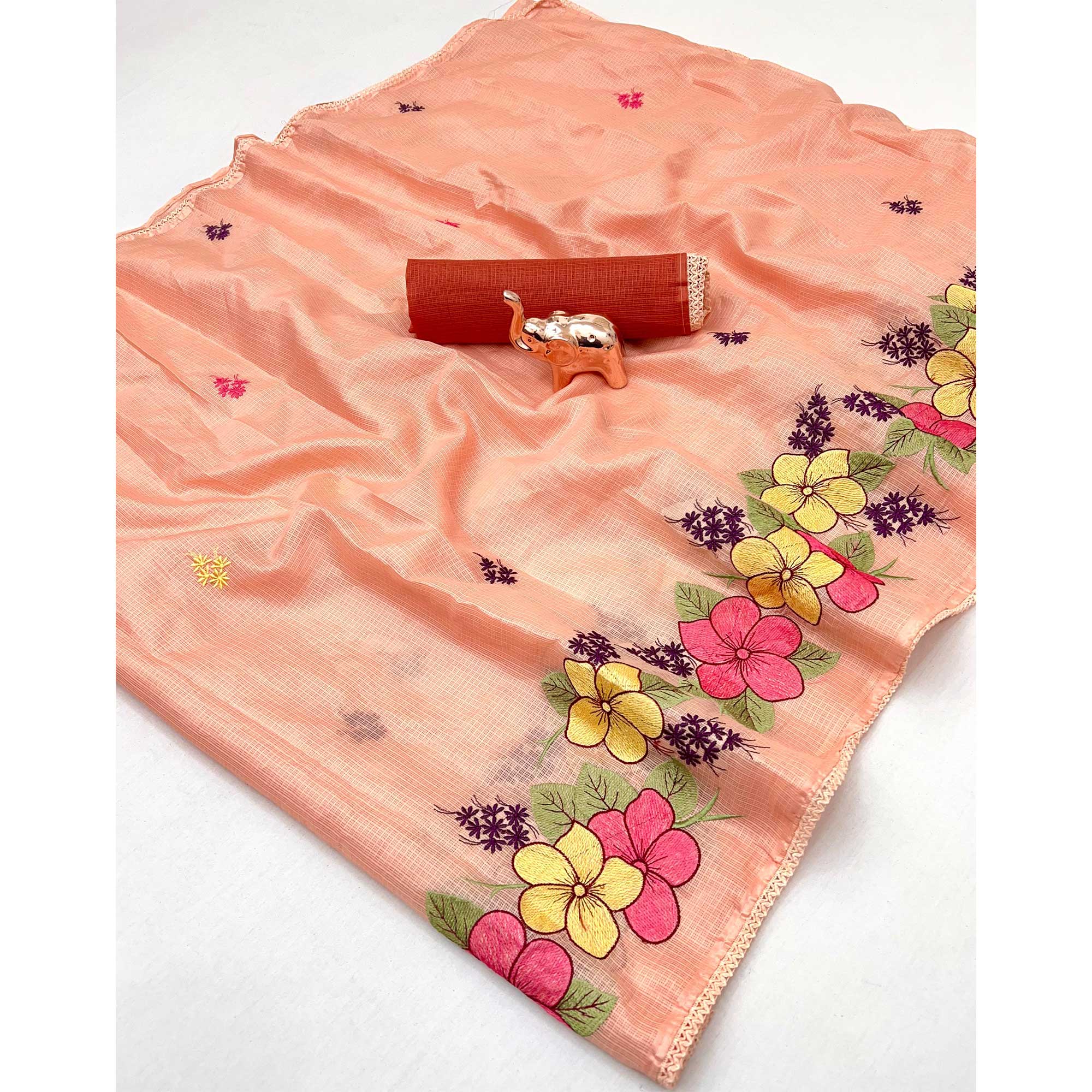 Elegant Peach Kota Doria Saree with Detailed Floral Thread Work & Premium Crochet Lace Border