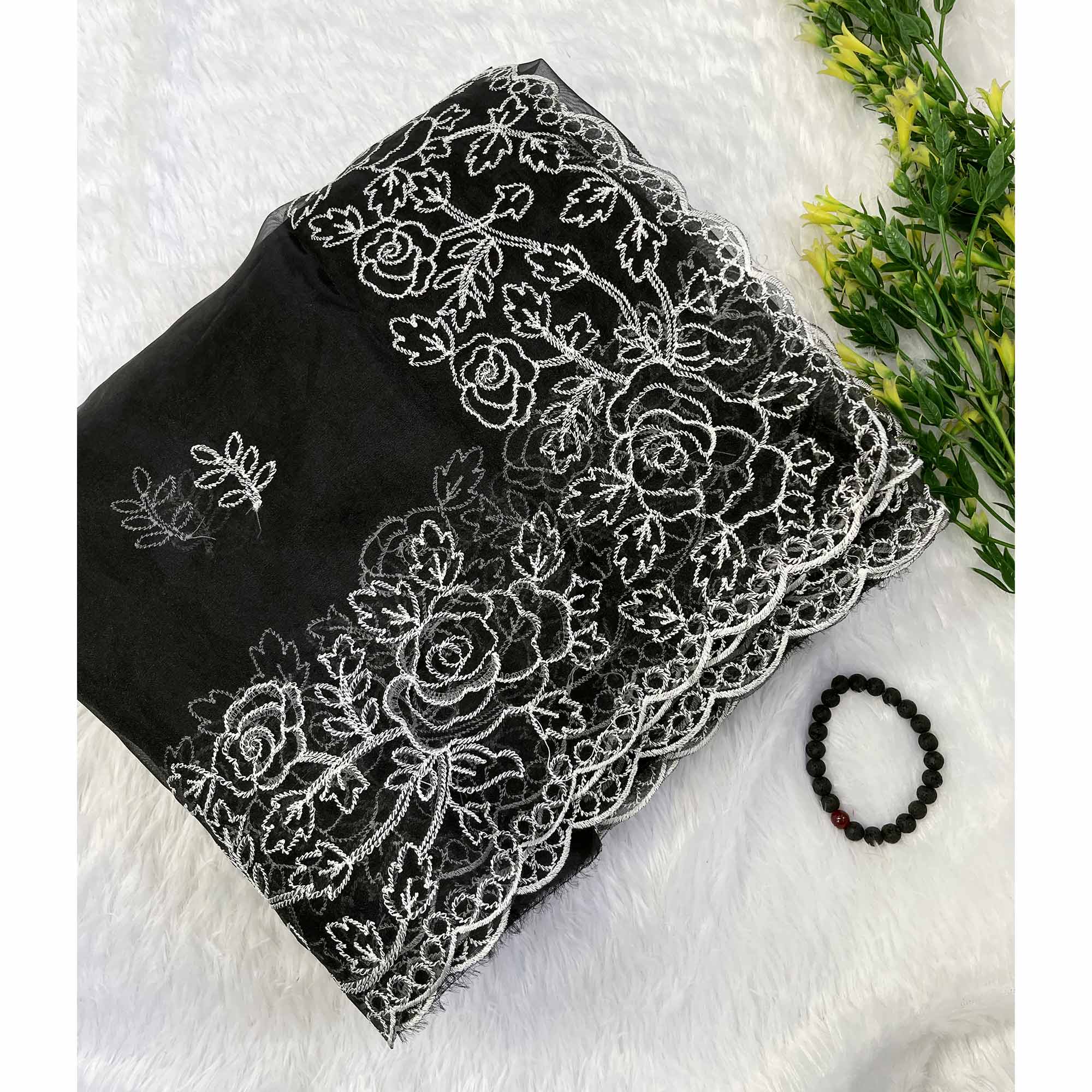 Black Floral Embroidered Organza Saree