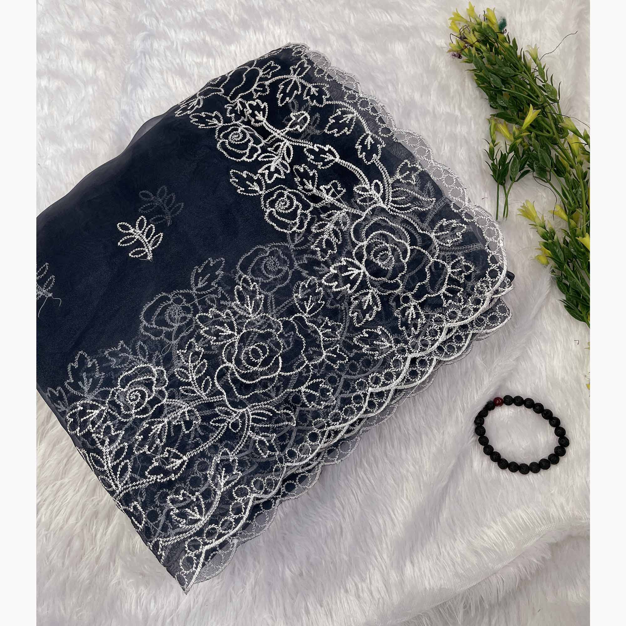 Dark Grey Floral Embroidered Organza Saree