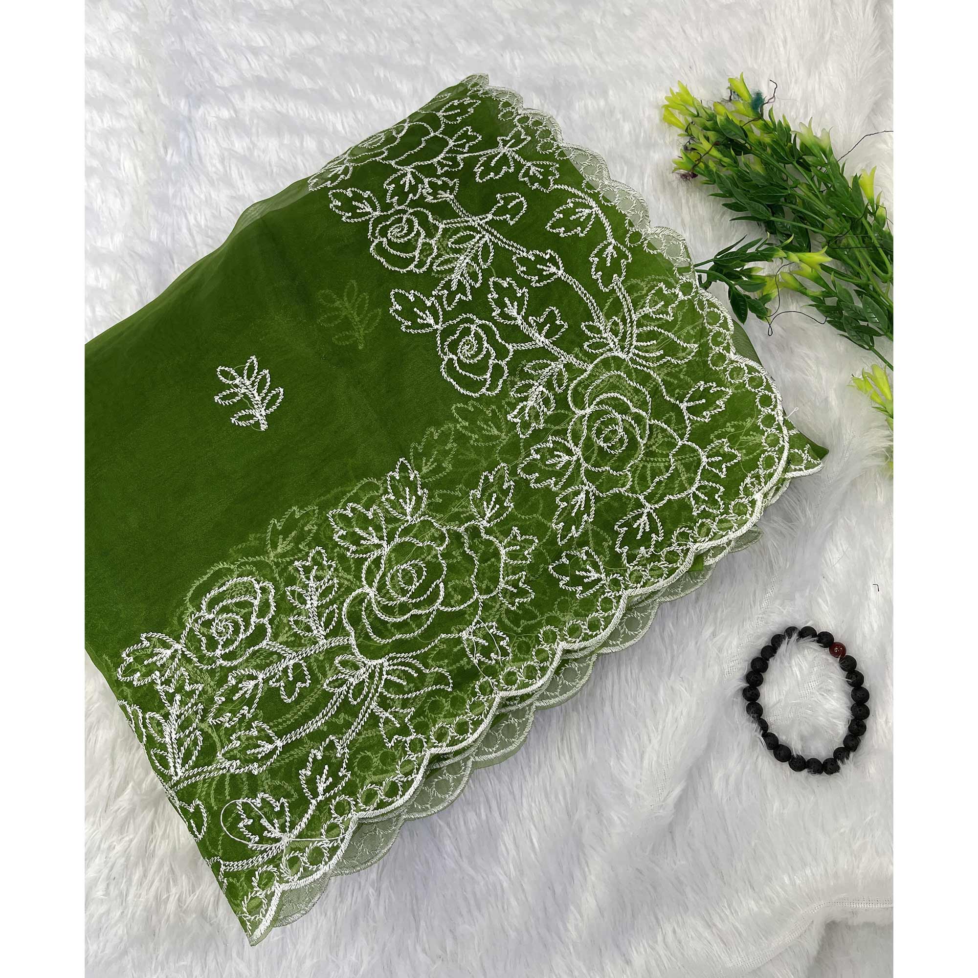 Mehendi Green Floral Embroidered Organza Saree