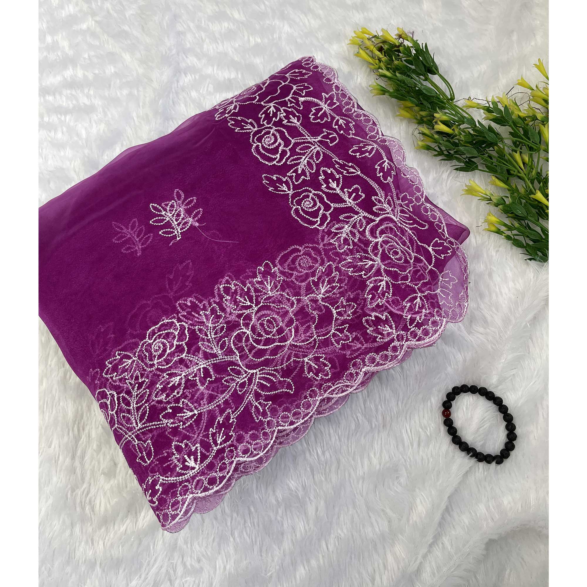 Purple Floral Embroidered Organza Saree