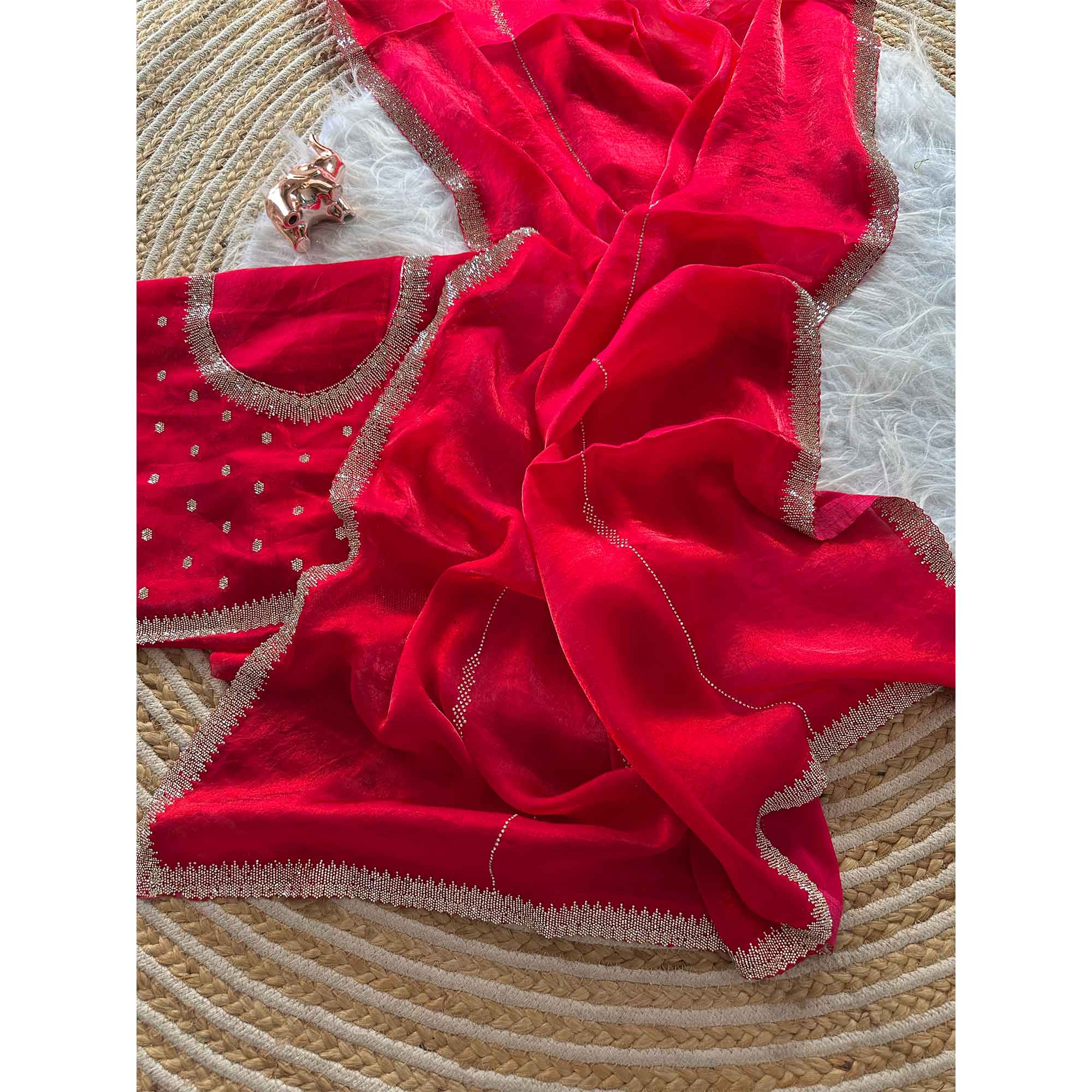 Classic Rani Pink Pure Silk Saree Adorned With Sparkling Jarkan Work & An Exquisite Designer Border