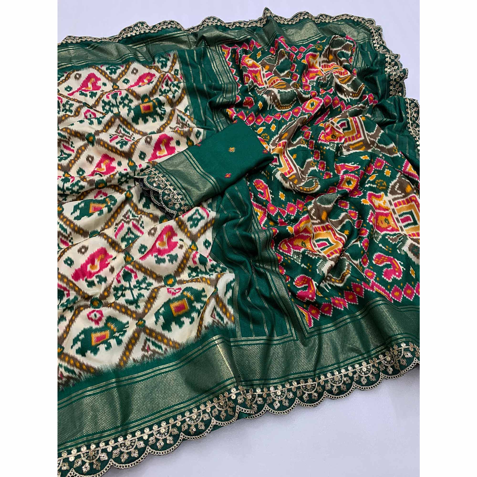Off White & Green Ikkat Printed Dola Silk Saree With Sequins Embroidery Border