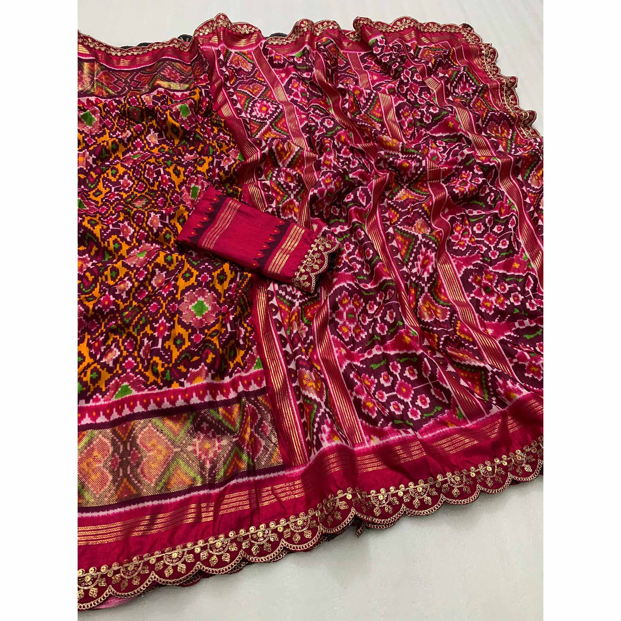 Wine & Pink Ikkat Foil Printed Silk Saree With Sequins Embroidery Border