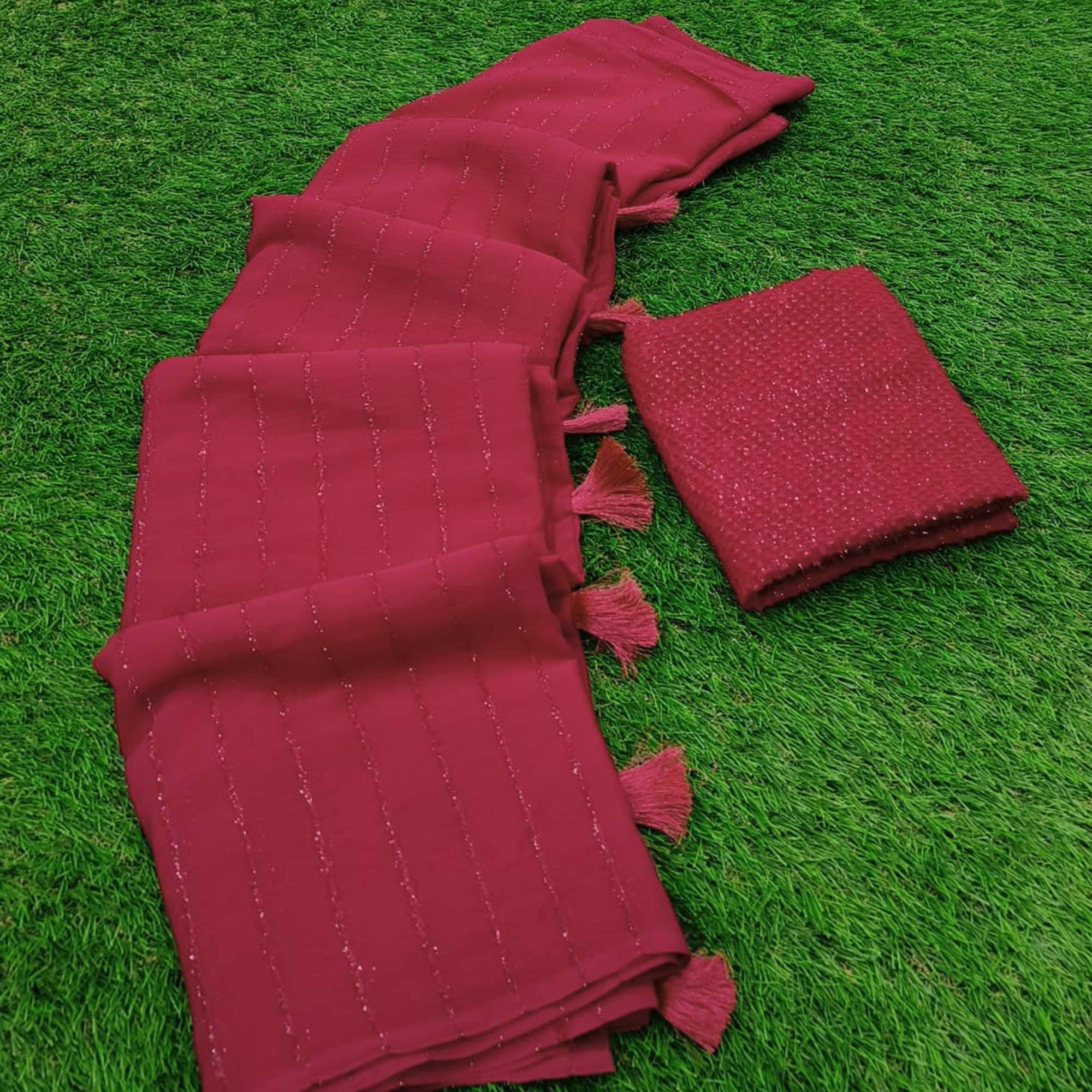 Rani Pink Woven Chiffon Saree with Tassels