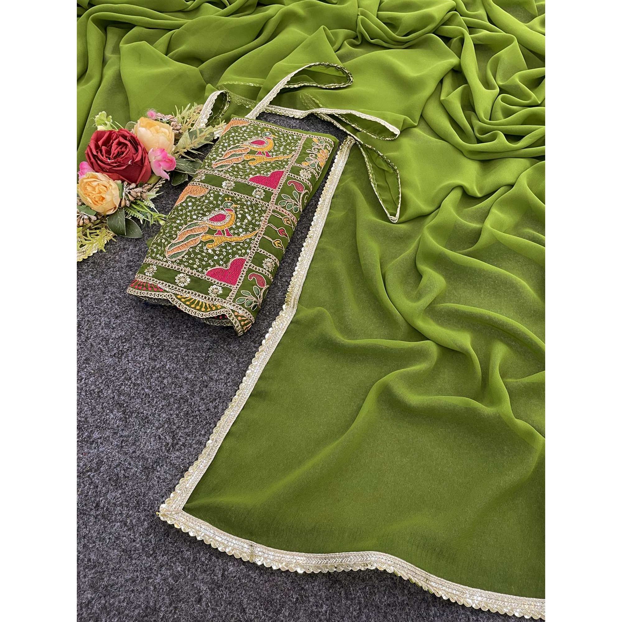 Green Solid Georgette Saree With Sequins Embroidered Border