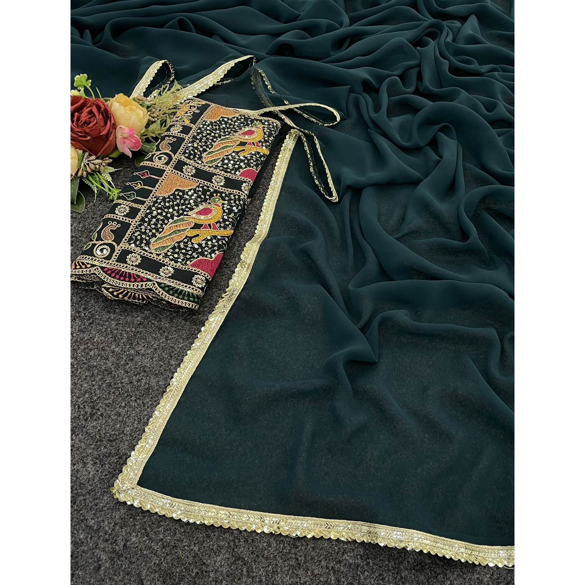 Pine Green Solid Georgette Saree With Sequins Embroidered Border