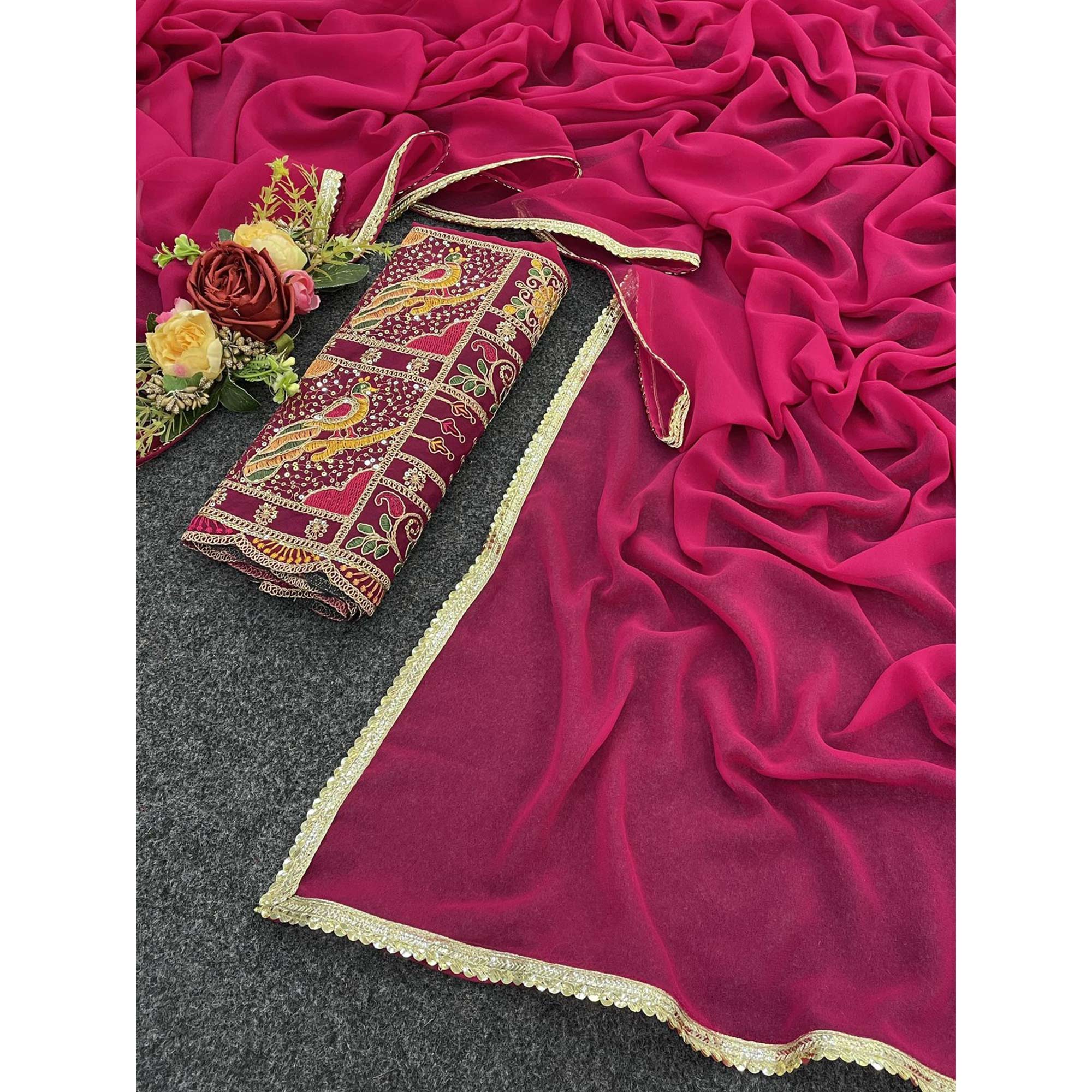 Pink Solid Georgette Saree With Sequins Embroidered Border
